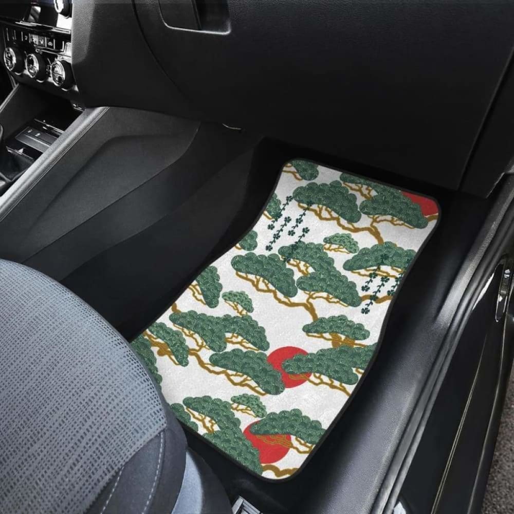 Premium Japanese Bonsai Red Sun Pattern Car Mats - Front & Back Set - Non-Slip Floor Mats for Sedan, SUV, Truck - Perfect for Home, Office & Travel Use