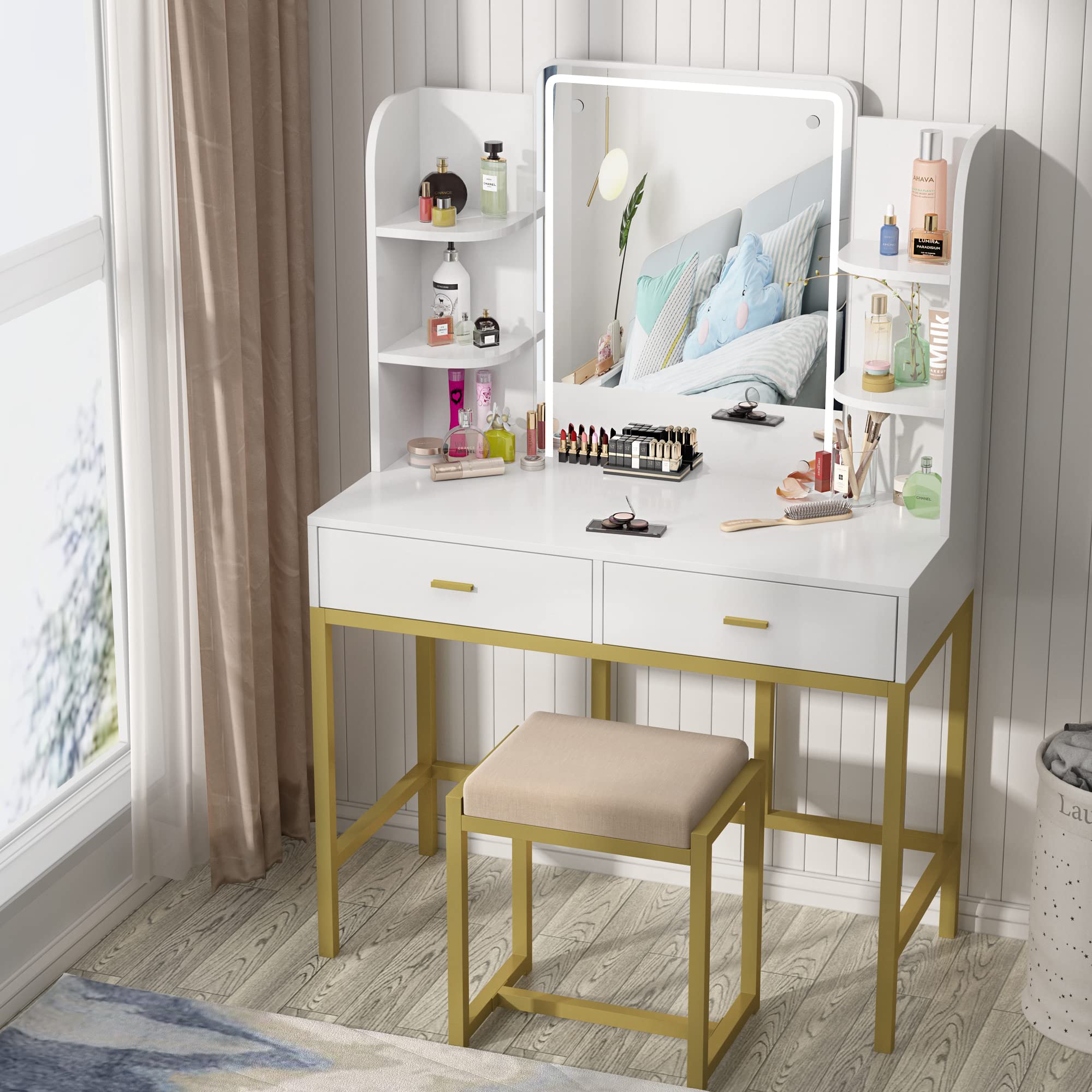 Lighted Makeup Vanity Set with Mirror & Stool - Gold-White Dresser for Bedroom Beauty