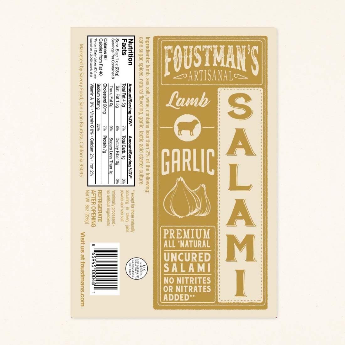 Foustman's Artisanal Garlic Lamb Salami - Nitrate-Free, Naturally Cured, Gluten-Free & Dairy-Free (8 Oz) | Pork-Free Snack for Charcuterie Boards, Picnics & Keto Diet