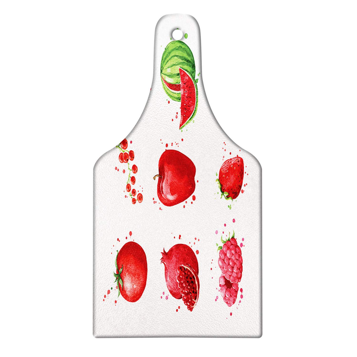 Ambesonne Decorative Tempered Glass Cutting Board - Red Fruits & Vegetables Watercolor Design, Wine Bottle Shape - Perfect for Kitchen Prep, Charcuterie Serving & Party Platters (White, Dark Pink, Green)