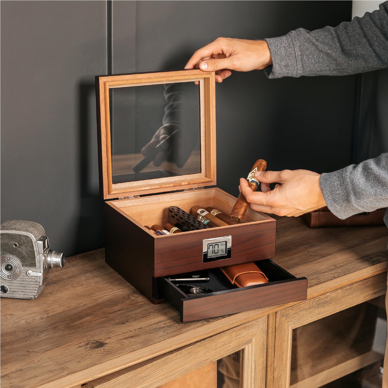 Premium Renzo Glass Top Humidor Set with Cigar Cutter, Ashtray & Travel Case - Luxury Cigar Storage Solution for Home, Office or Gifting - Perfect for Cigar Enthusiasts & Collectors