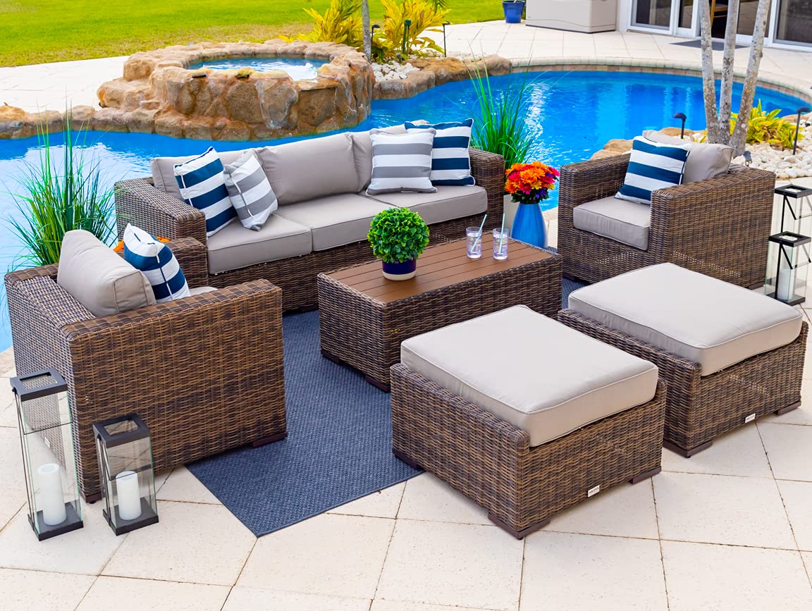Premium 16-Piece Brown & Light Gray Resin Wicker Patio Furniture Set - AKOYA Outdoor Essentials Tuscany Collection for Garden, Poolside & Backyard Relaxation