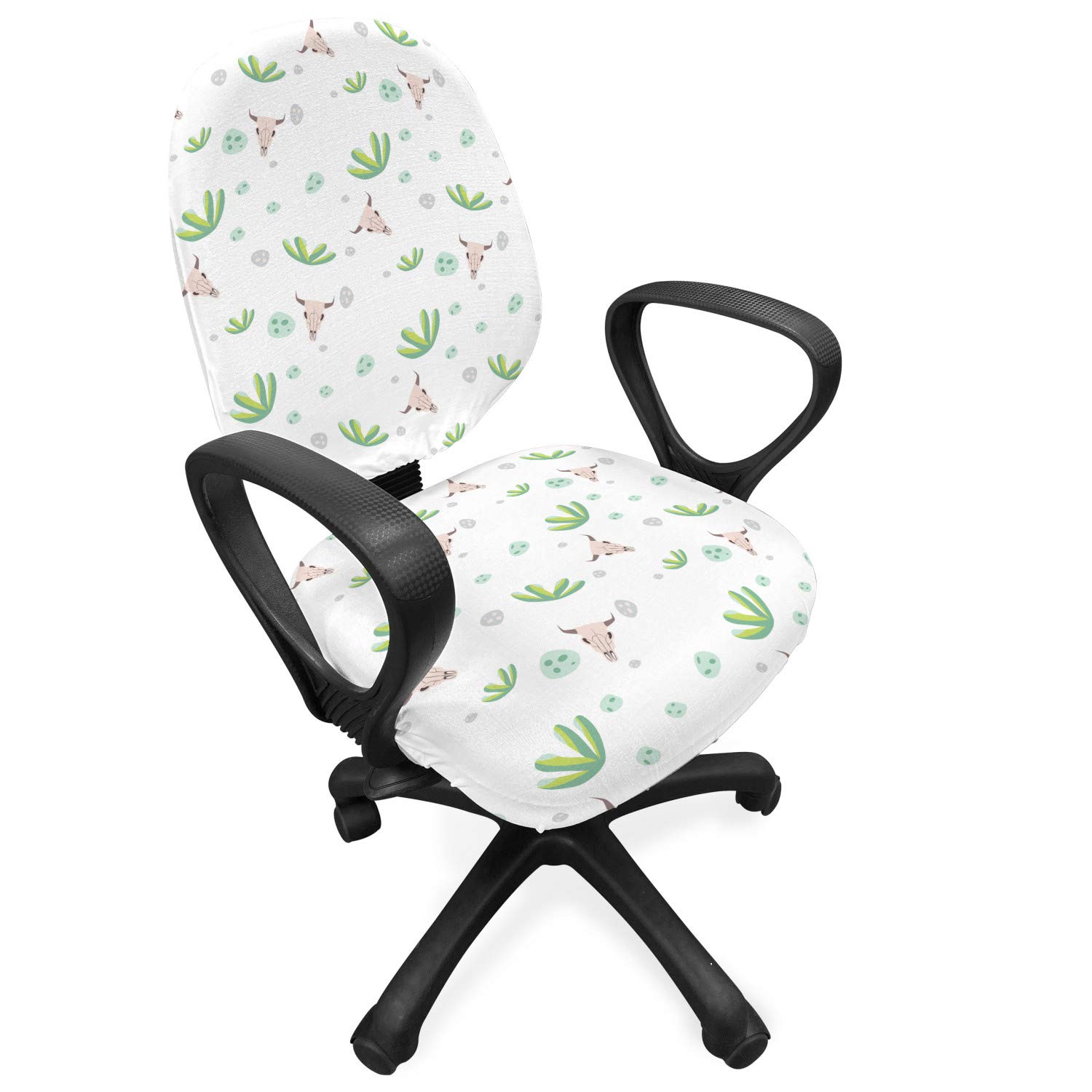 Ambesonne Agate Office Chair Slipcover - Cow Skull & Aloe Plant Print Stretch Fabric Cover in White & Pale Eggshell | Home Office Decor, Desk Chair Protector