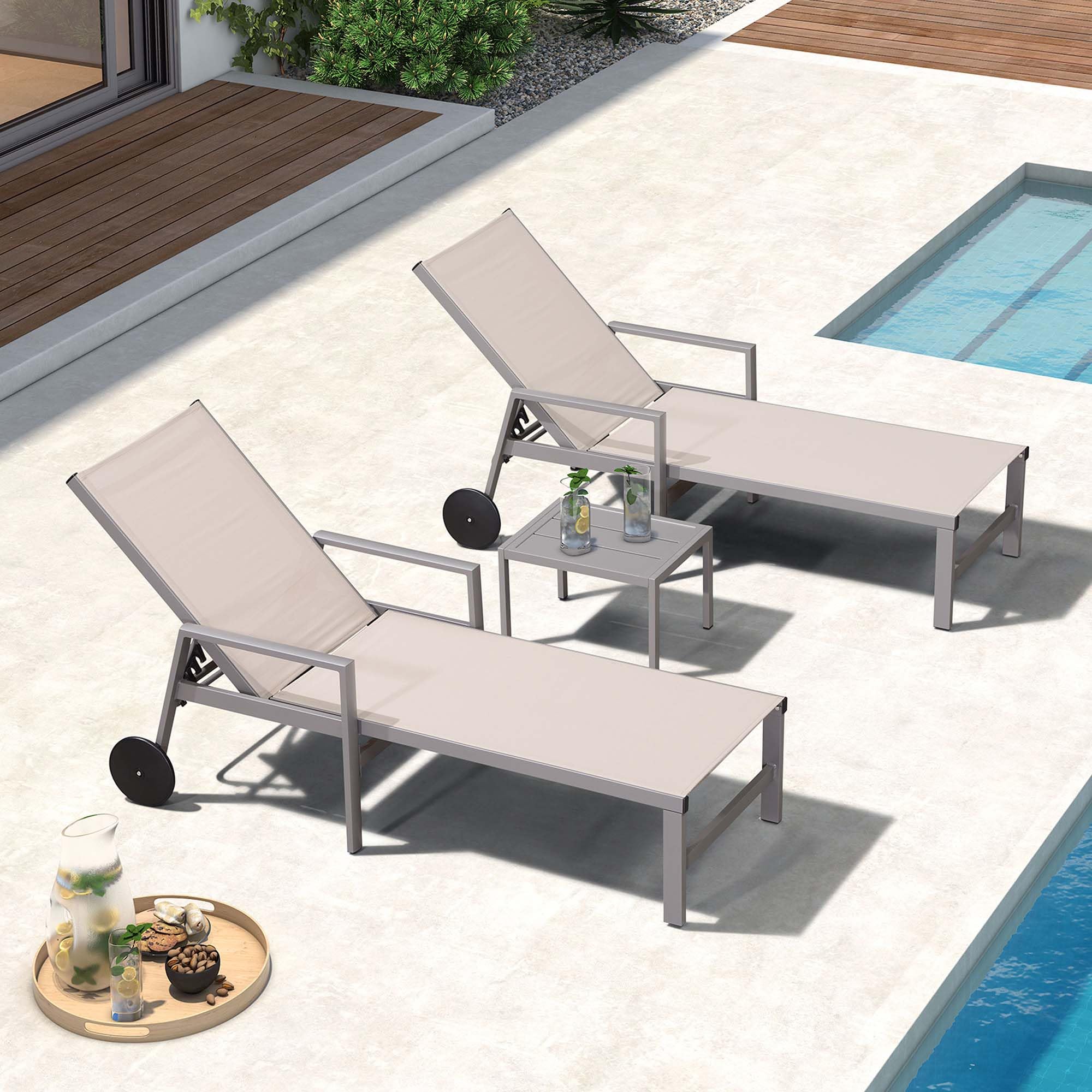 PURPLE LEAF 2-Piece Outdoor Chaise Lounge Set - Adjustable Aluminum Patio Chairs with Armrests & Wheels for Poolside, Beach & Backyard - Includes Side Table (Khaki)