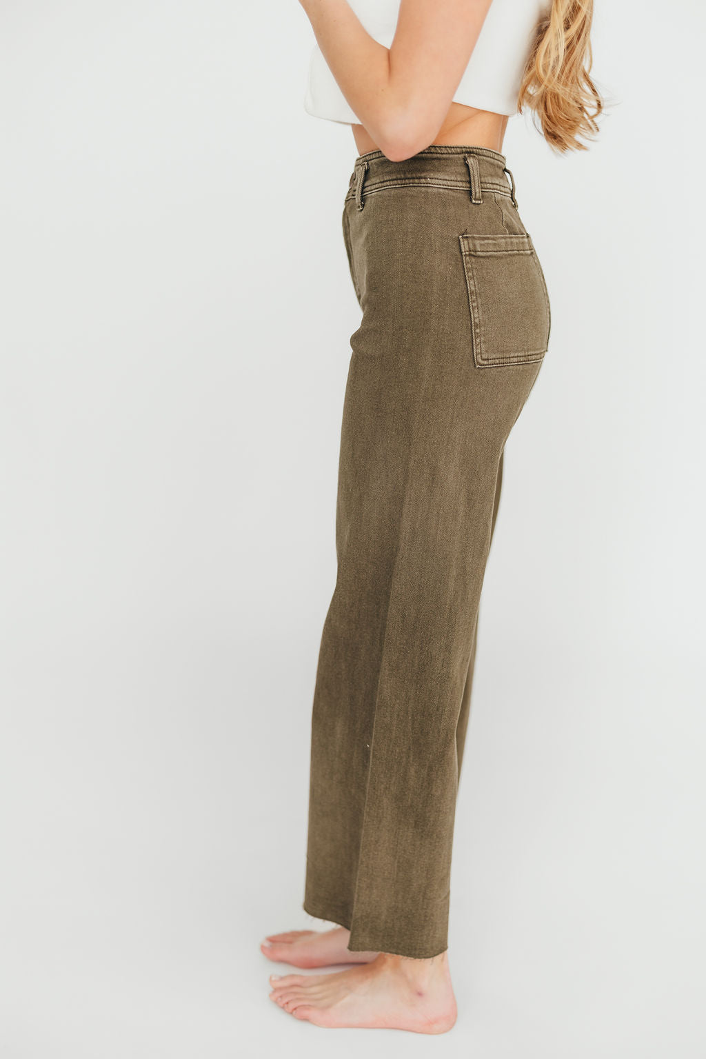 Corin Straight Wide Leg Denim Pants for Women - Faded Olive High Waist Stretch Jeans | Casual Chic Outfit for Work, Travel & Everyday Wear