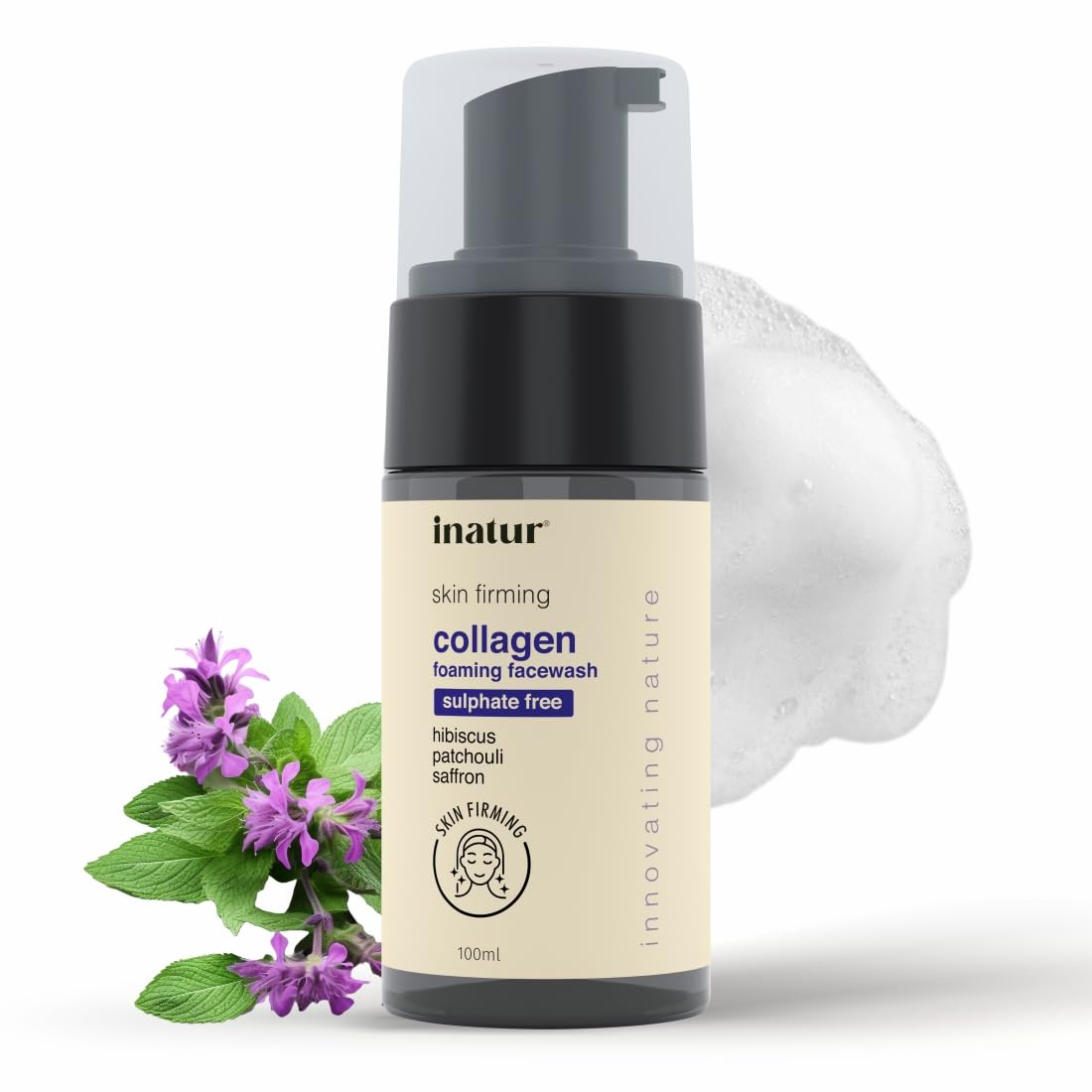 iNatur Collagen Foaming Face Wash - Anti-Aging & Hydrating Cleanser for Dry Skin | Brightens Skin, Reduces Fine Lines & Wrinkles | With Natural Patchouli & Hibiscus Extracts | 100ml | Perfect for Morning & Night Skincare Routine