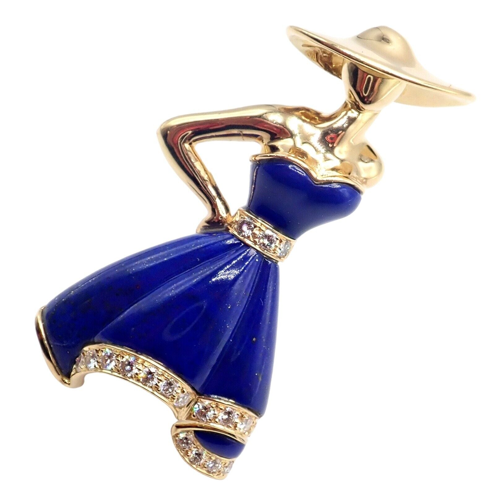 Authentic Christian Dior 18k Yellow Gold Diamond Lapis Lady Dior Brooch Pendant - Luxury Jewelry for Women, Perfect for Parties, Weddings & Special Occasions