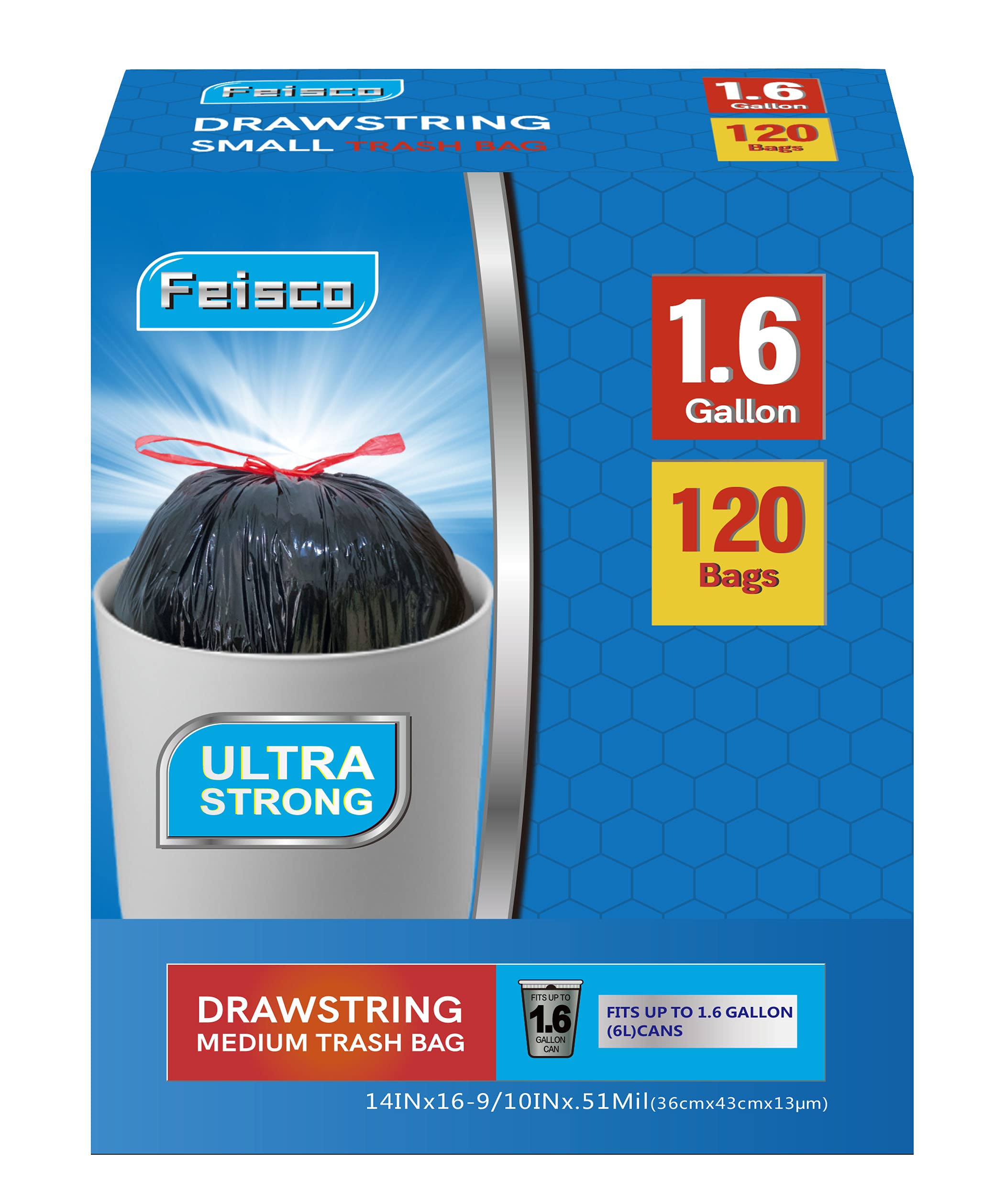 Feisco 1.6 Gallon Black Trash Bags - 120 Count Drawstring Kitchen Garbage Bags, 0.51 Mil Thick Small Trash Can Liners for Bathroom, Office & Bedroom Waste Disposal