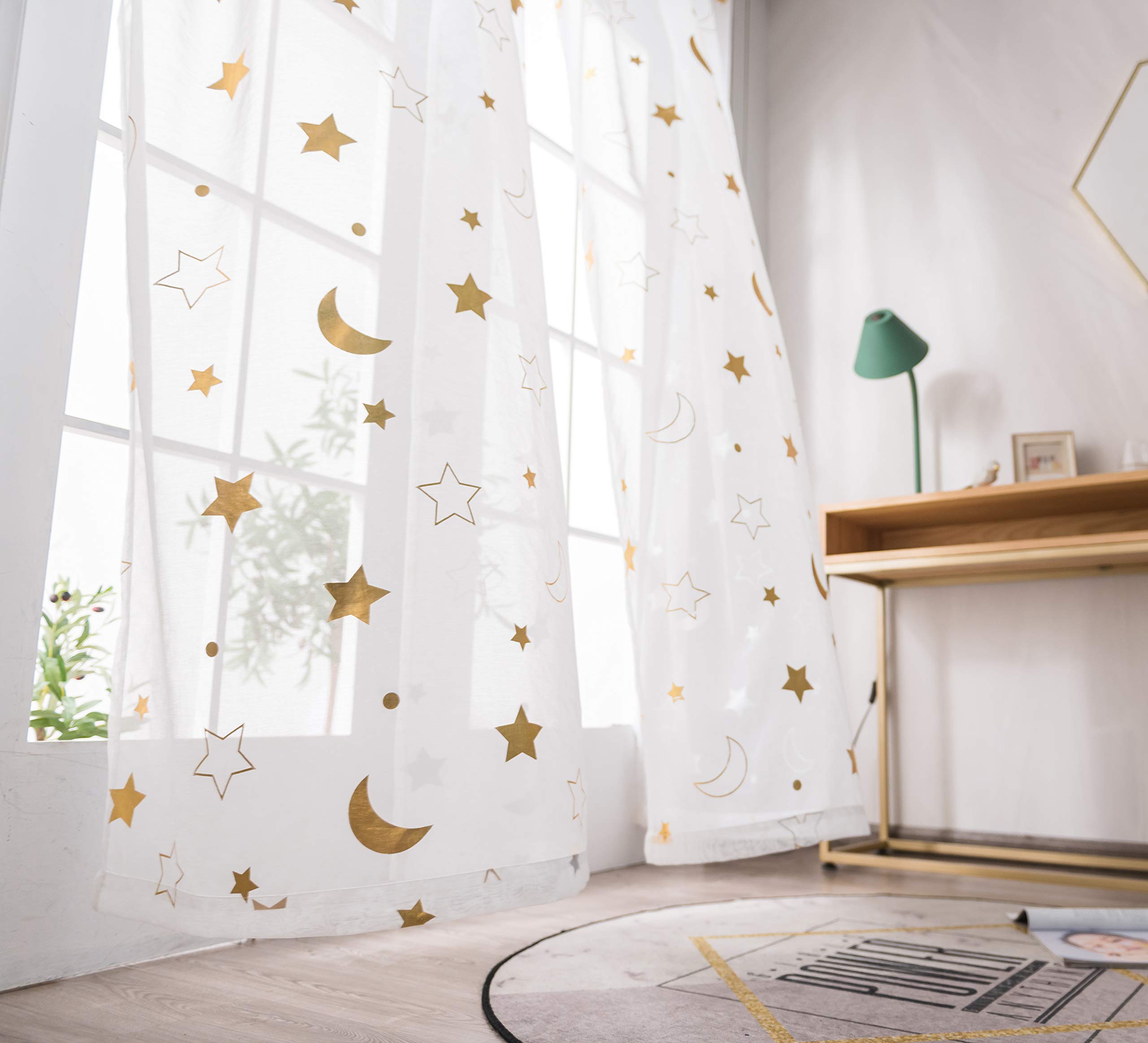 Gold Star and Moon Sheer Window Curtains for Girls Room - 63 Inch Long Grommet White Foil Printed Curtains (Set of 2 Panels) | Kids Bedroom Decor, Nursery, Playroom & Dorm Room Window Treatments
