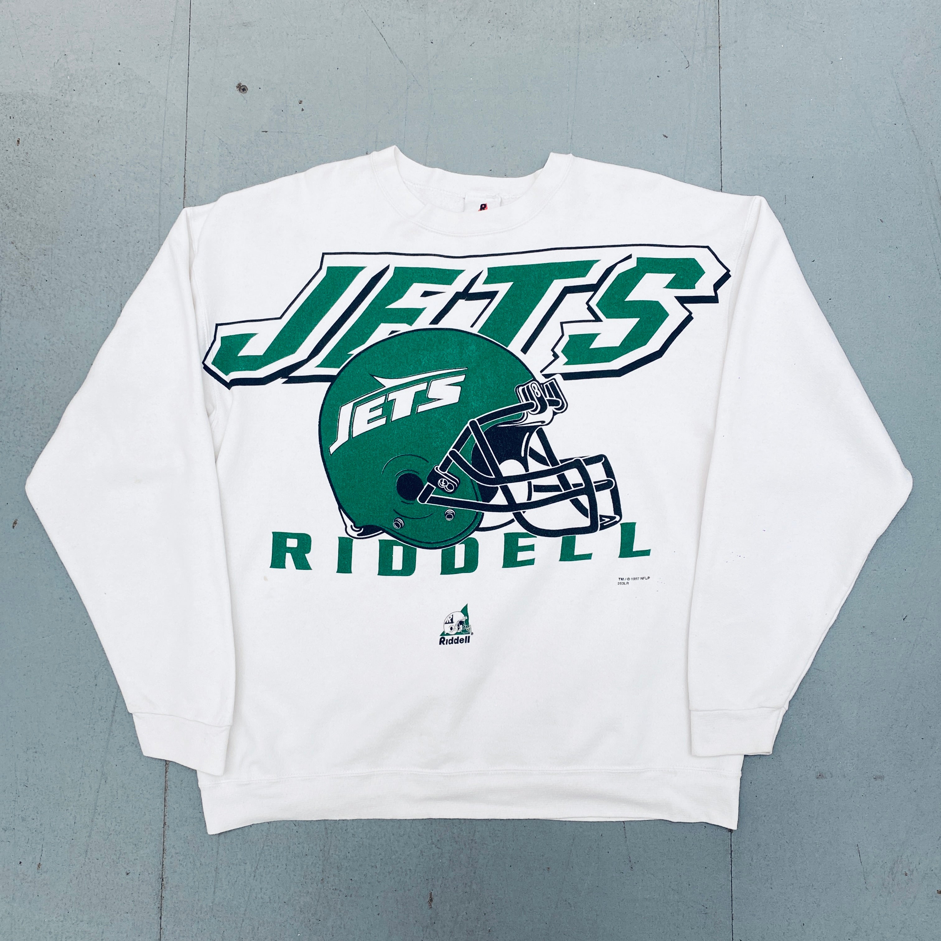 New York Jets 1997 Riddell HUGE Graphic Spellout Sweatshirt XL - Vintage NFL Fan Apparel for Game Day & Casual Wear