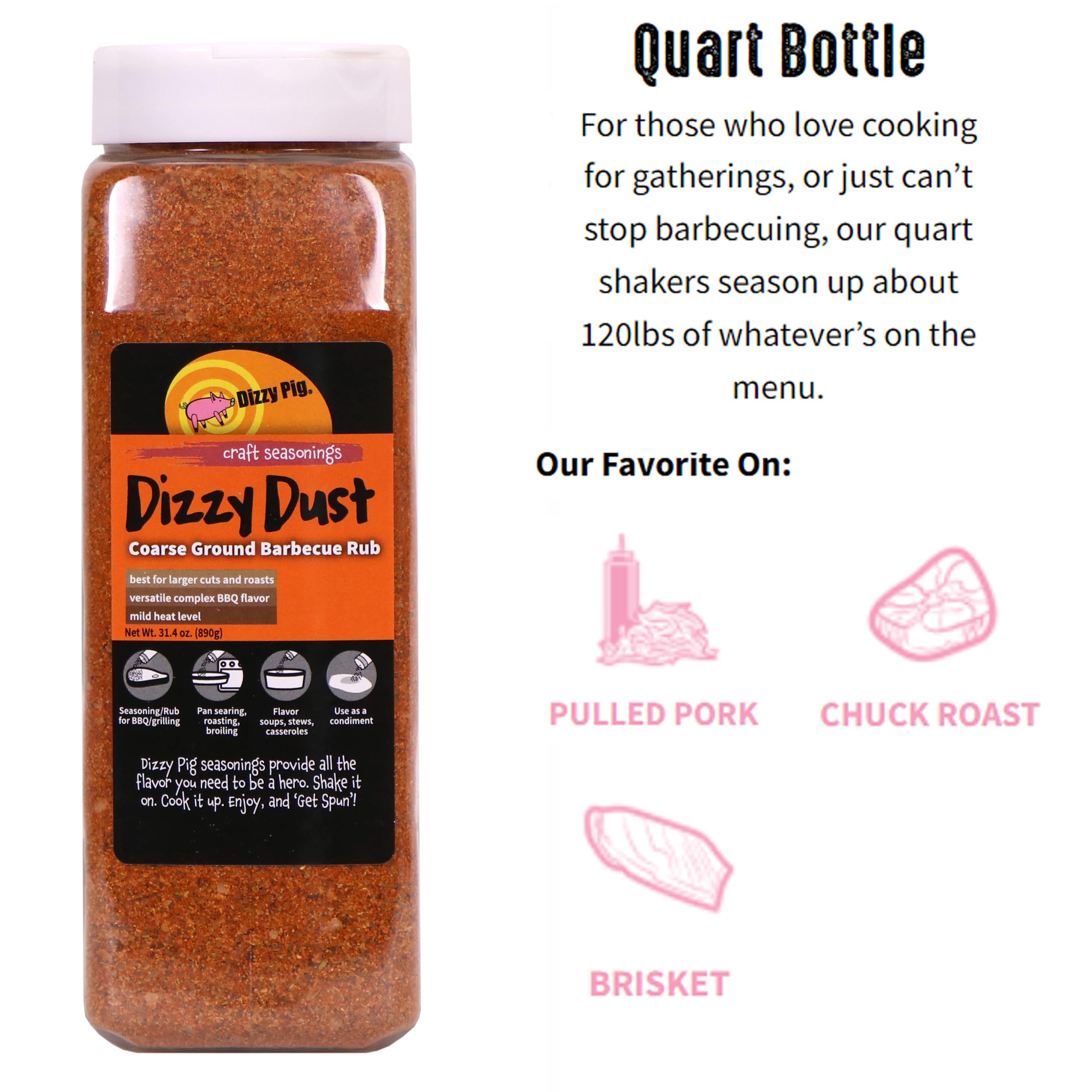 Dizzy Pig Coarse Grind Dizzy Dust BBQ Seasoning Rub - All-Purpose Grill & Meat Seasoning (Quart Shaker) - MSG Free, Gluten Free, Handmade in USA - Perfect for Ribs, Steak, Chicken & Vegetables - Seasons 120lbs of Food