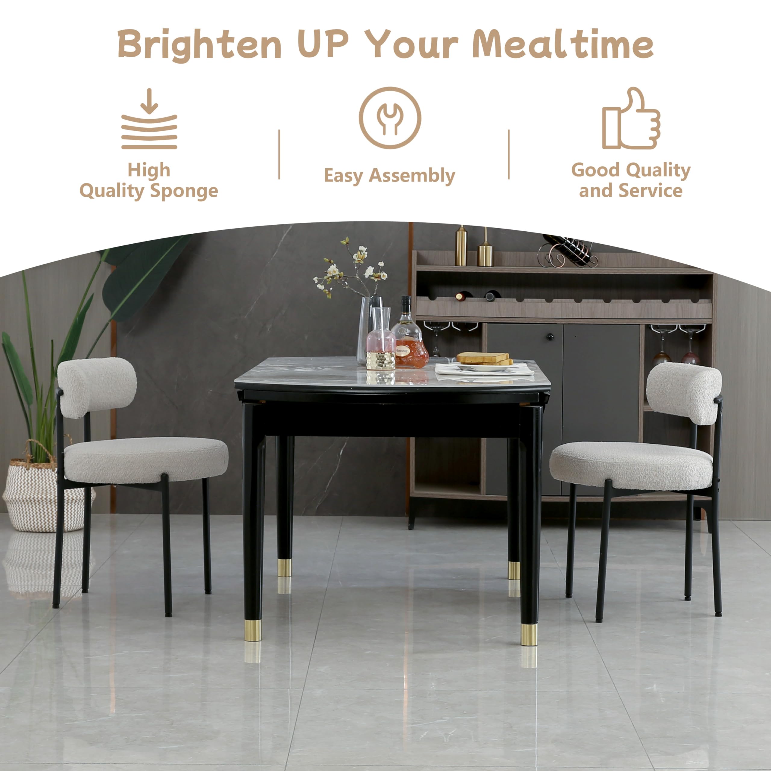 Light Grey Upholstered Boucle Dining Chairs Set of 2 - Mid-Century Modern Round Kitchen Chairs with Curved Backrest & Black Metal Legs - Perfect for Dining Room, Breakfast Nook & Small Space Decor