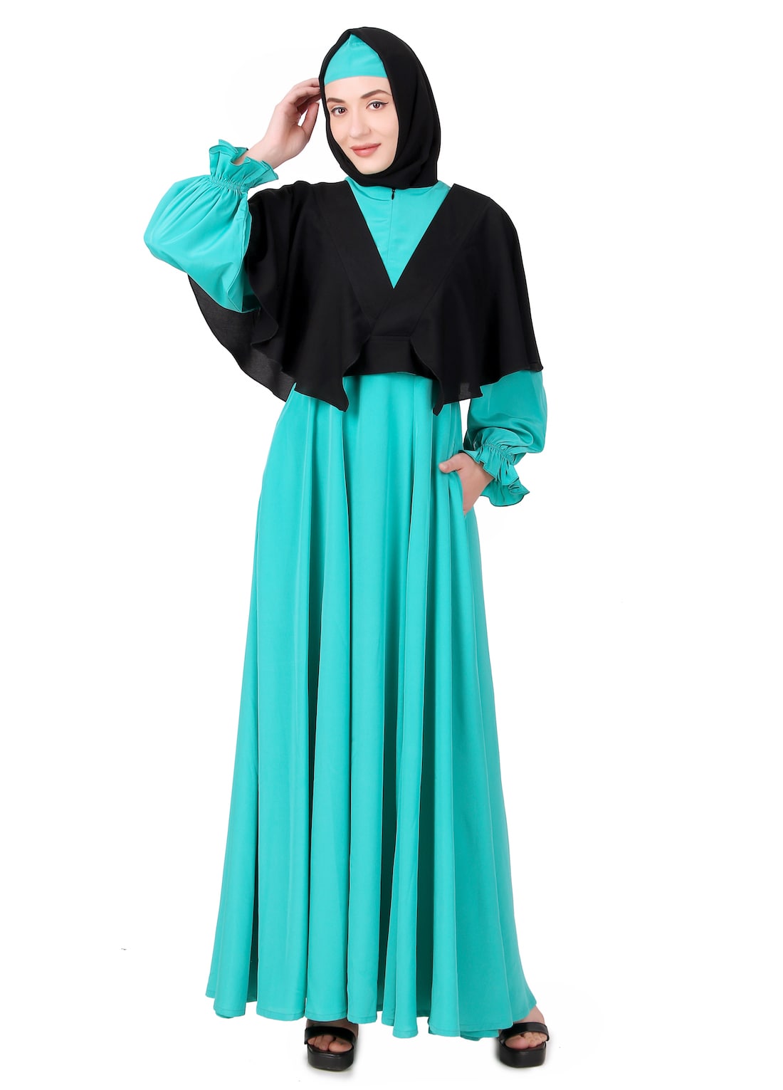 Elegant Frilled Detachable Jacket with Flared Abaya - Stylish Islamic Modest Wear for Women, Perfect for Prayer, Parties & Special Occasions