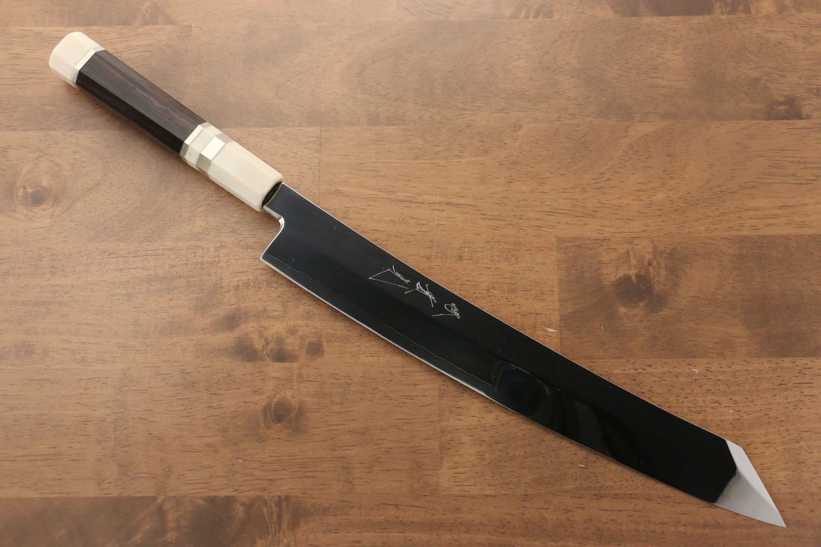 Premium Jikko Silver Steel No.3 Kiritsuke Yanagiba Knife 300mm - Mirror Finish, Ebony Wood Handle with Ring - Perfect for Sushi Chefs & Japanese Cuisine Lovers