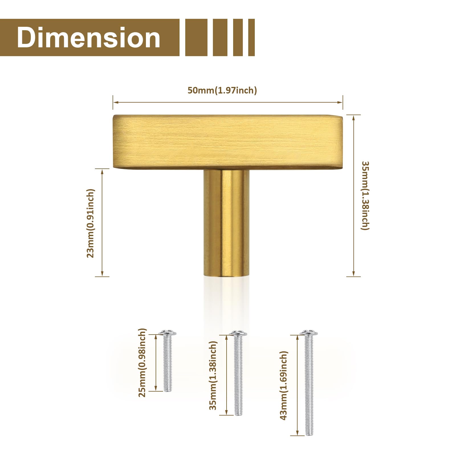 25 Pack Gold 2 Inch (50mm) Square T Bar Cabinet Handles - Kitchen & Bathroom Drawer Pulls for Furniture Hardware | Durable & Stylish Cabinet Knobs for Home Renovation & DIY Projects