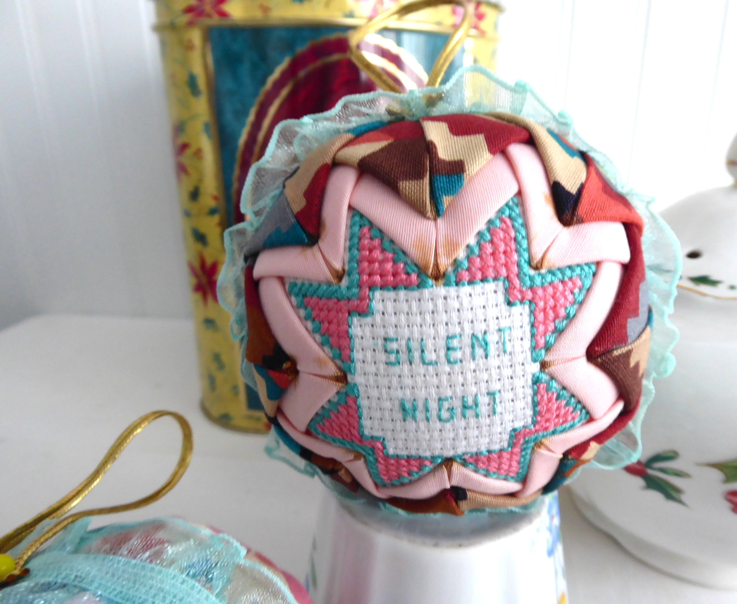 Handmade Cross Stitch Christmas Ornaments Set of 5 - Aqua, Salmon Pink & Burgundy Patchwork Decorations for Holiday Tree, Gift Giving & Festive Home Decor