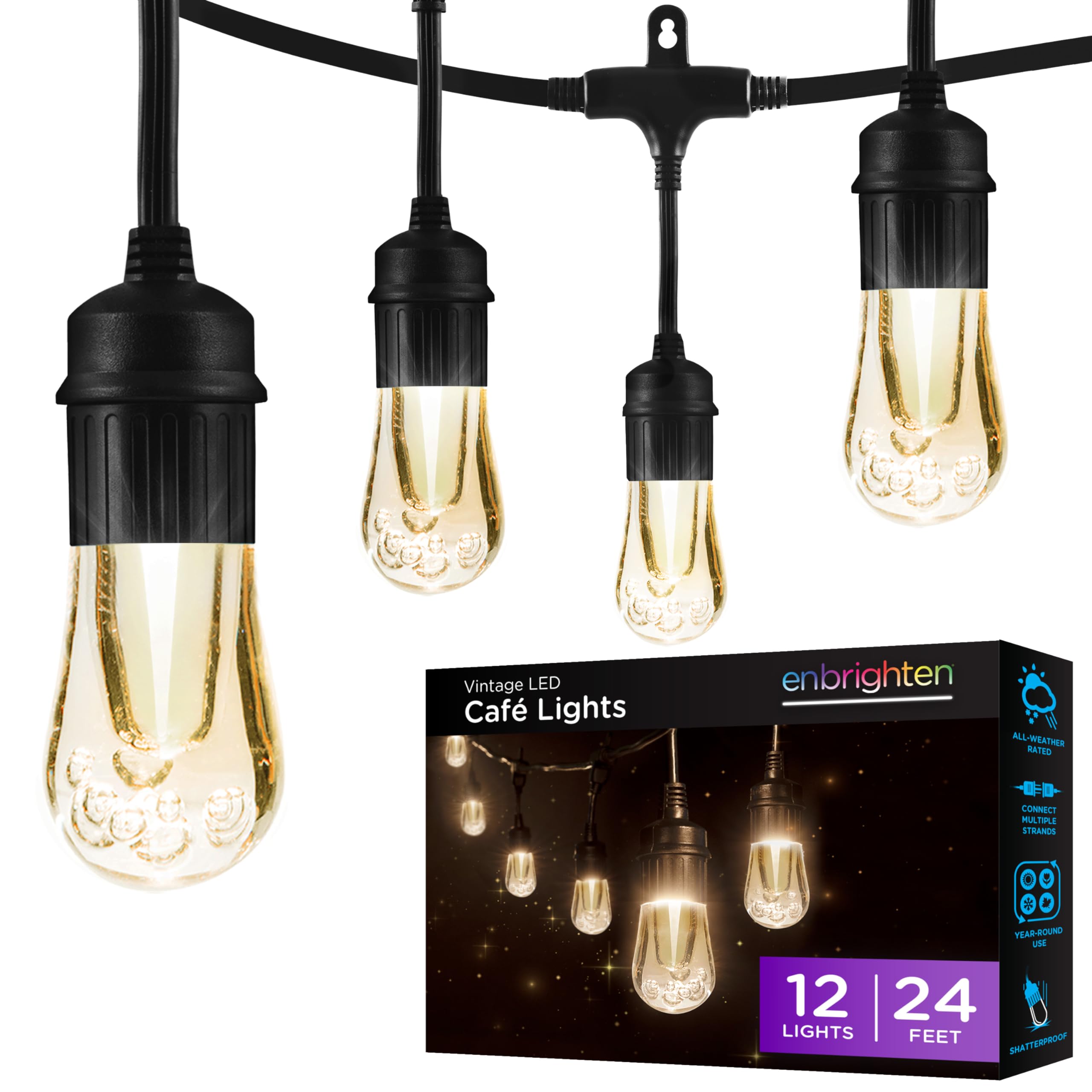 Enbrighten 24ft LED Outdoor String Lights - Shatterproof Waterproof Warm White Patio Lights with Durable Acrylic Bulbs for Balcony, Backyard, Deck, Party - Perfect for Outdoor Dining, Wedding Decor & Garden Lighting
