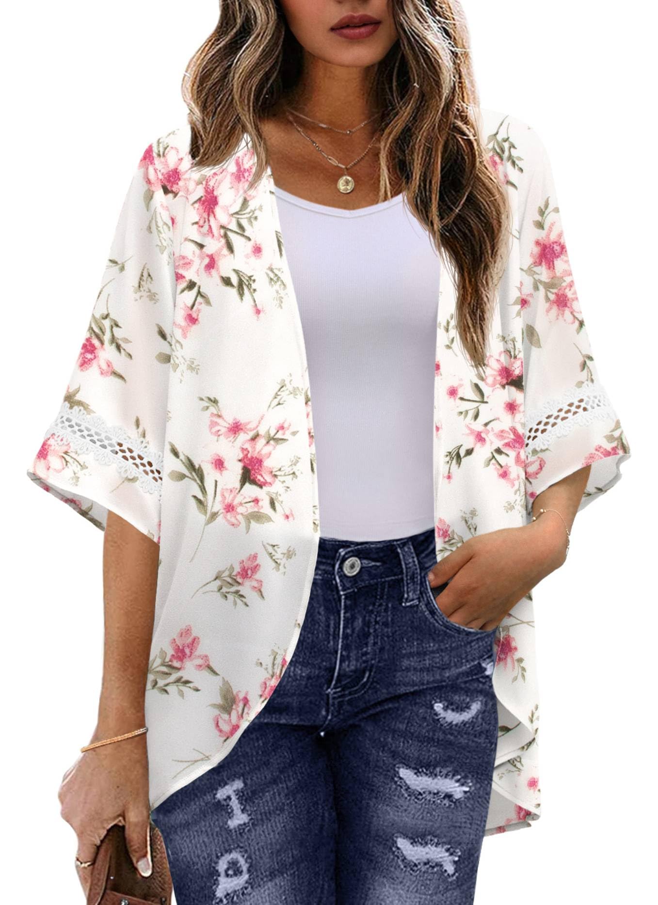 QIXING Women's Kimono Beach Cover Up - Lightweight Chiffon Cardigan Tops & Loose Cape for Summer - Perfect for Beach, Pool, Vacation and Boho Outfits