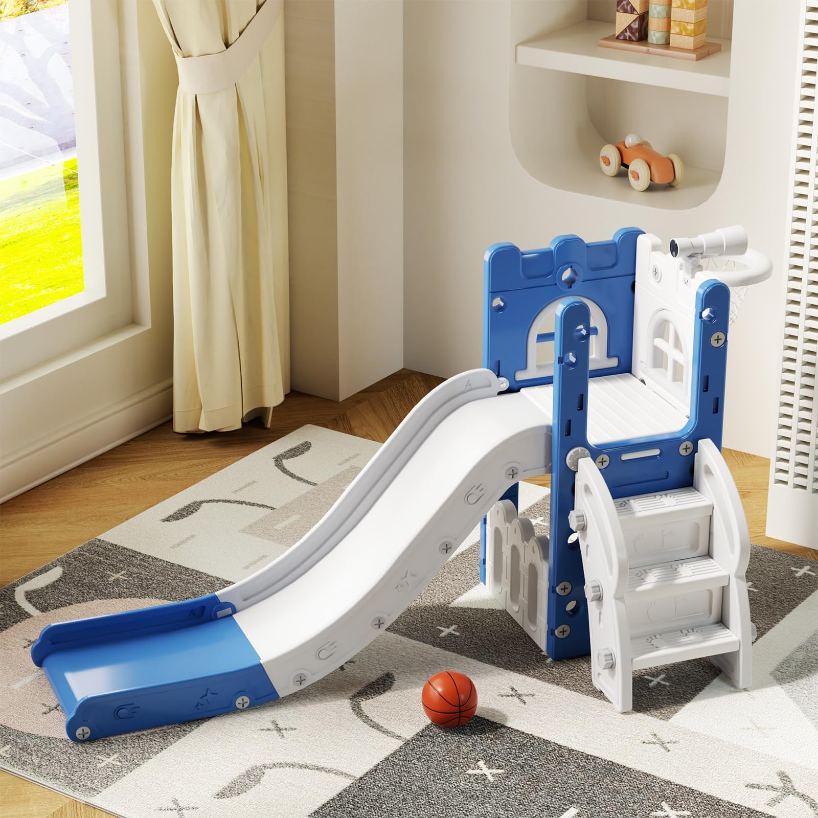 MOCUTEEN 6-in-1 Toddler Slide & Playset - Indoor/Outdoor Baby Playground with Basketball Hoop, Storage Bin & Telescope - Climbing Toys for Kids Ages 1-3 - Perfect for Backyard, Park & Daycare Play Areas
