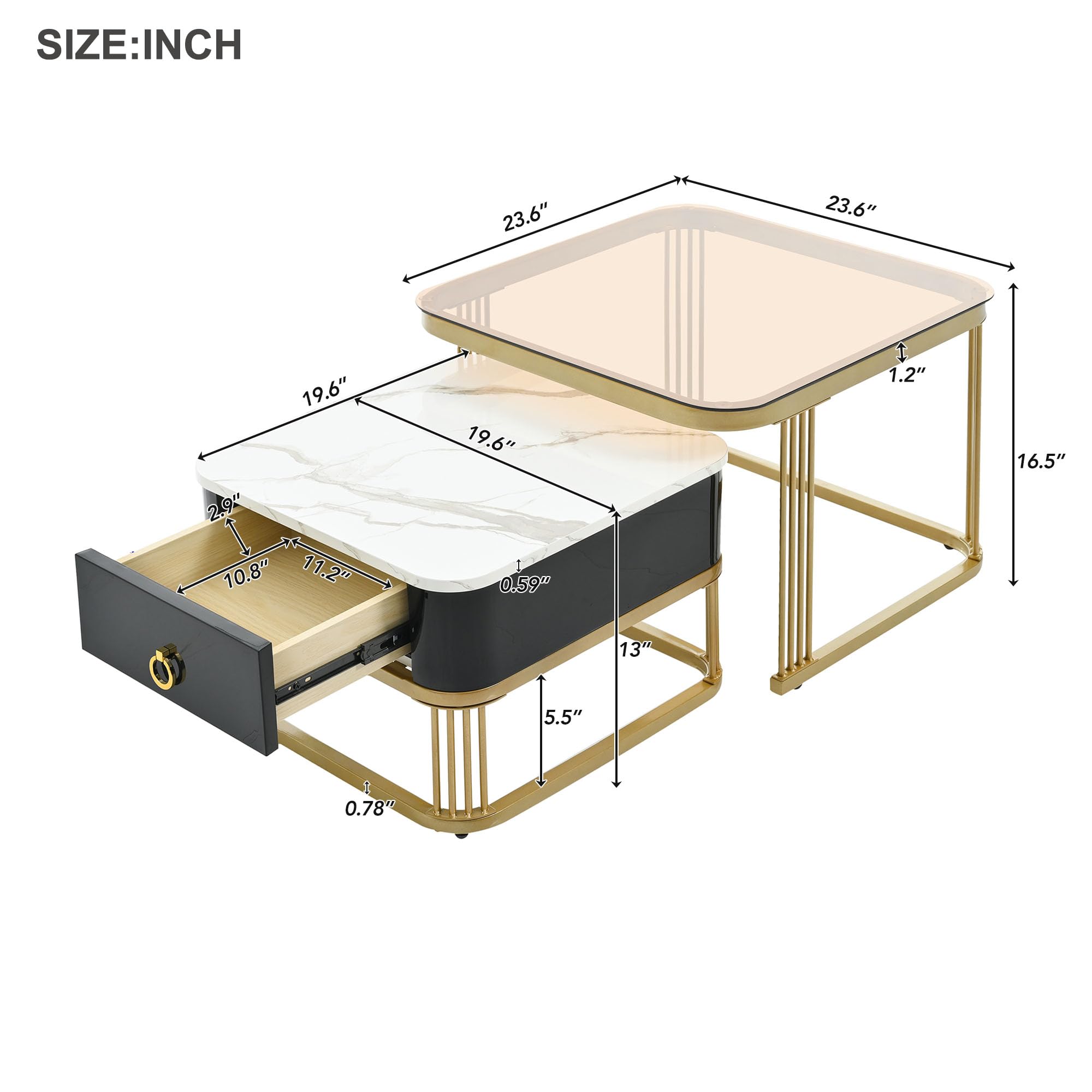 LUSPAZ 2-Piece Nesting Coffee Table Set with Drawer - Square Stackable Side Tables with Brown Tempered Glass & High Gloss Marble Grain Tabletop - Modern Living Room Furniture for Small Spaces, Apartments & Home Decor
