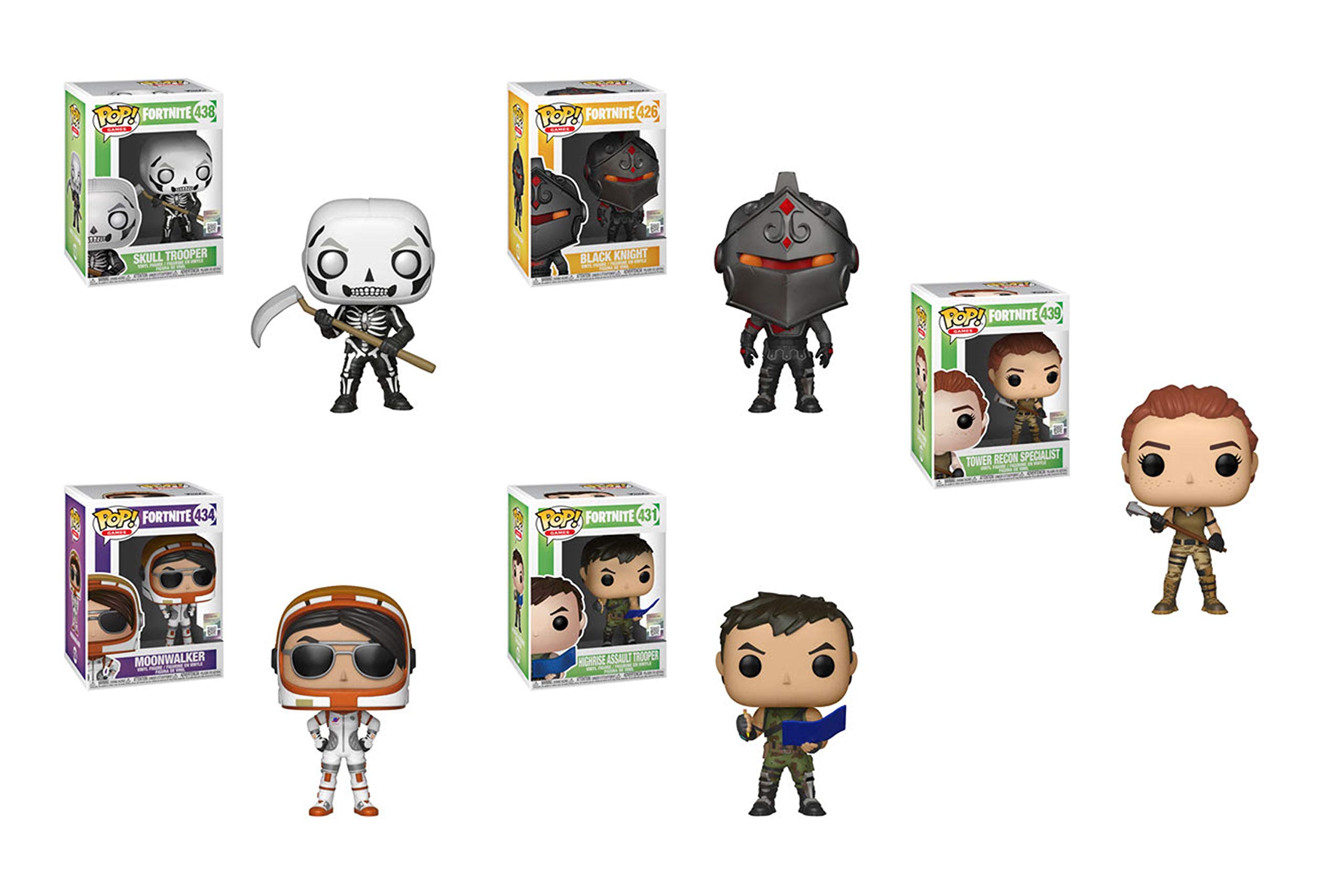 Funko Pop! Fortnite 5-Piece Action Figure Set - Tower Recon Specialist, High Rise Assault Trooper, Black Knight, Moonwalker & Skull Trooper - Collectible Vinyl Figures for Gamers & Fans - Perfect for Display, Gifts & Gaming Room Decor