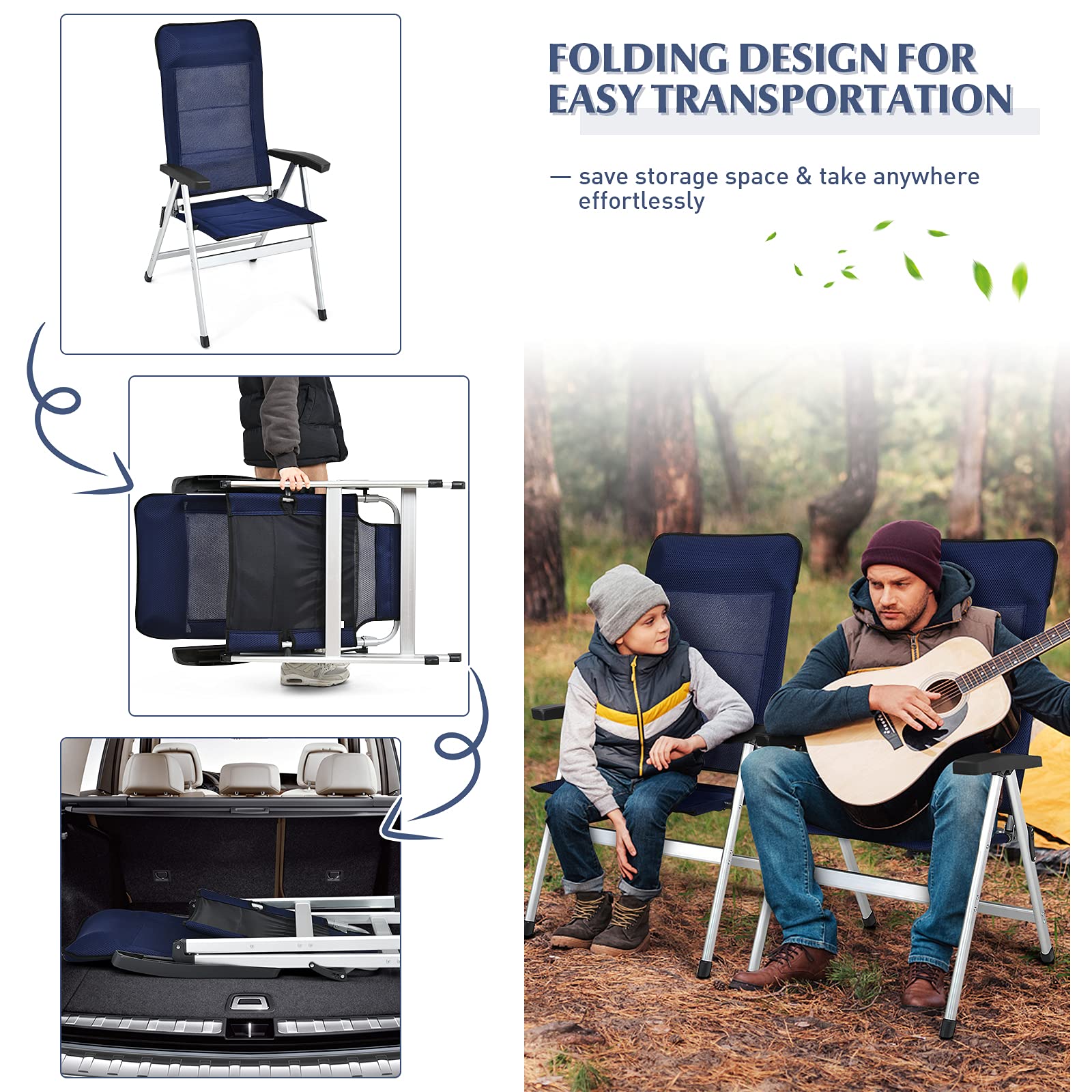 Giantex Set of 2 Folding Outdoor Patio Chairs - Adjustable High Back Recliner with Headrest & Armrests, 7-Level Camping Lawn Chairs for Porch, Balcony, Backyard & Beach - Durable & Comfortable Blue Furniture