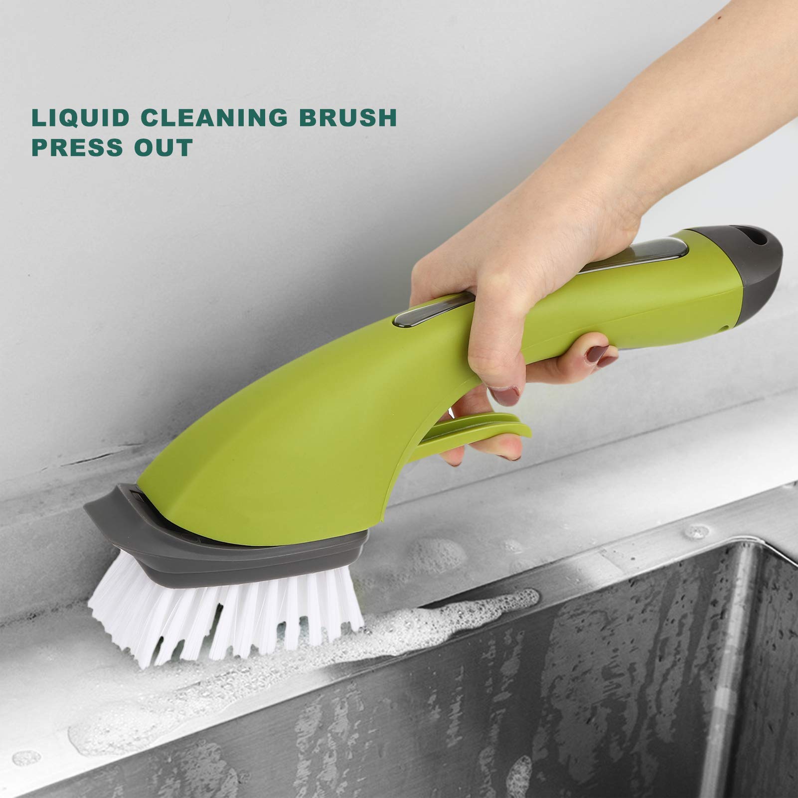 Long Handle Pot Cleaning Brush with Soap Dispenser - Kitchen Scrub Brush for Pans, Pots, Sink & Dish Washing - Ergonomic Green Dish Brush for Easy Cleaning (Perfect for Non-Stick Cookware & Deep Cleaning)