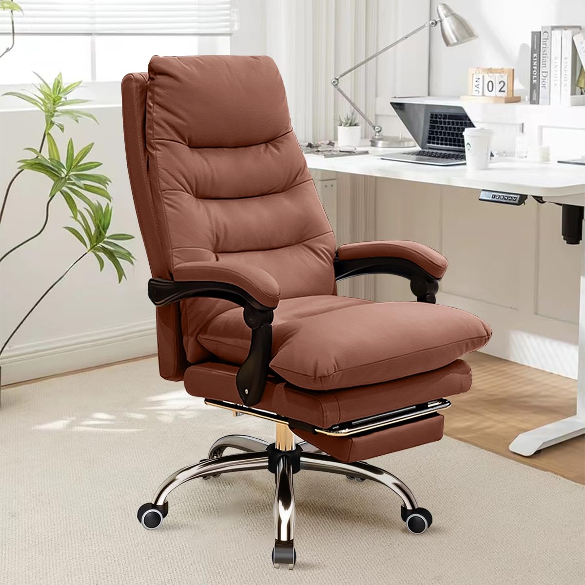 Ergonomic Reclining Office Chair with Footrest - High Back Executive Desk Chair for Gaming & Work - Comfortable Leather Computer Chair for Home & Office Use