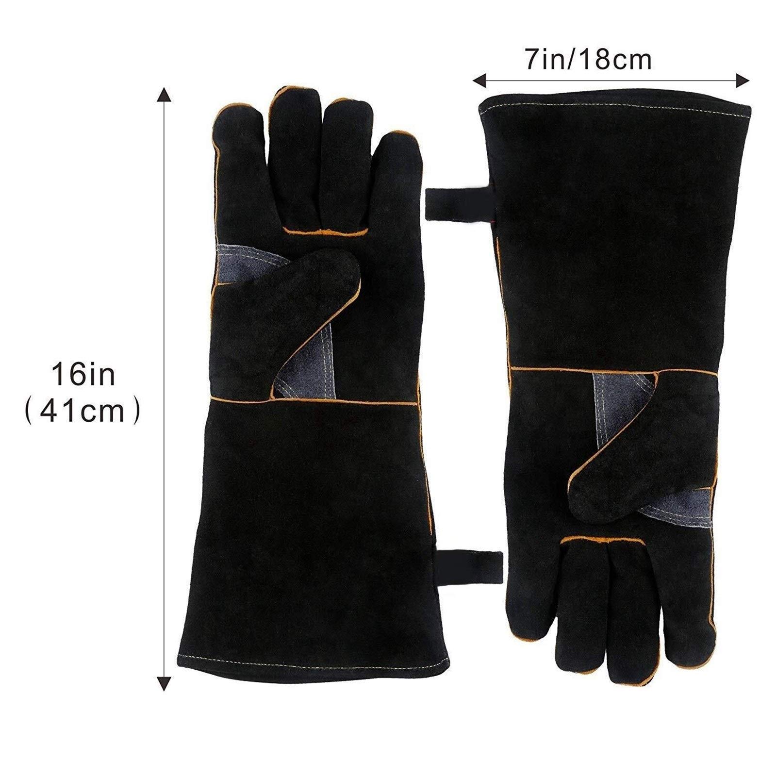Heat & Fire Resistant Leather Gloves - 14 Inch Black Welding Gloves for Fireplace, Stove, Oven, Grill, BBQ & Animal Handling - Heavy Duty Thermal Protection for Cooking, Welding & Outdoor Activities