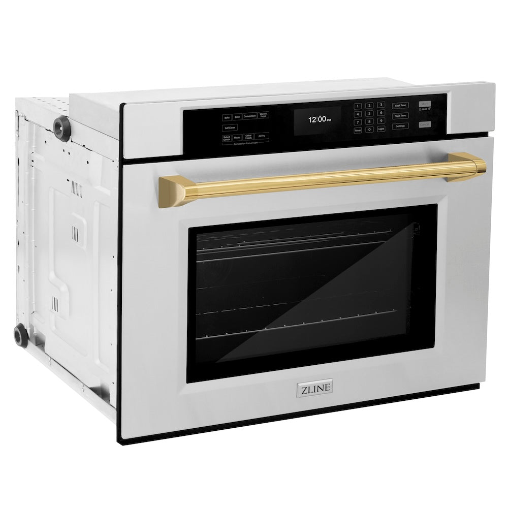 ZLINE Autograph Edition 30 Inch Professional True Convection Single Wall Oven with Air Fry & Self Clean - Stainless Steel with Polished Gold Handle (WASZ 30 G) | Perfect for Home Chefs & Modern Kitchens | Baking, Roasting & Air Frying