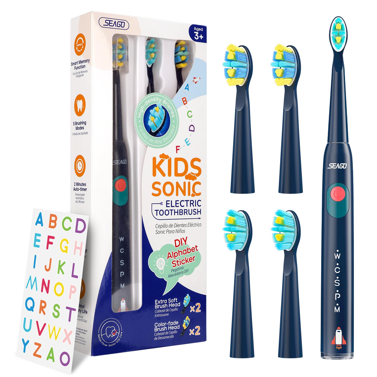 **Kids Electric Toothbrush - Rechargeable Sonic Toothbrush with 5 Cleaning Modes, 38,000 VPM, 4 Brush Heads & DIY Stickers - Smart Timer, IPX7 Waterproof - Best for Ages 3-12 (Navy Blue) | Ideal for Daily Oral Care, Travel & Encouraging Healthy Brushing Habits**