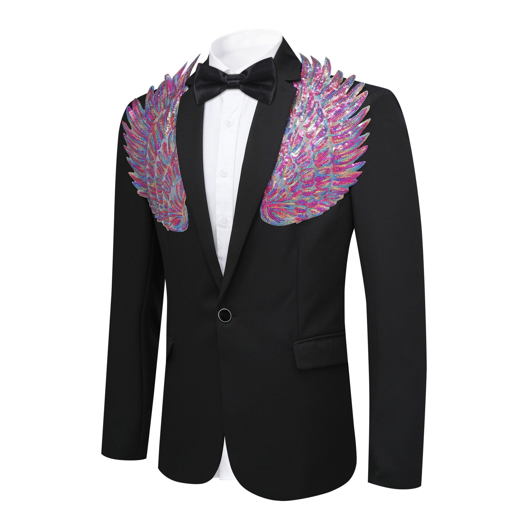Elegant Black Blazer Dress with Pink Wings & Floral Embroidery - Women's Fashion Office Wear & Party Outfit