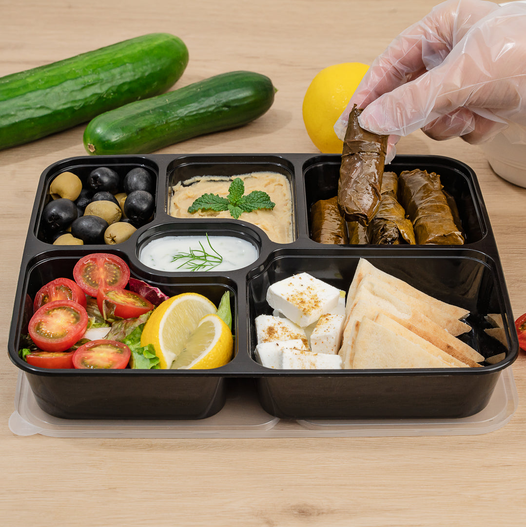 53 oz Black Plastic 6-Compartment Food Storage Container with Clear Lid - Microwave Safe (9.75