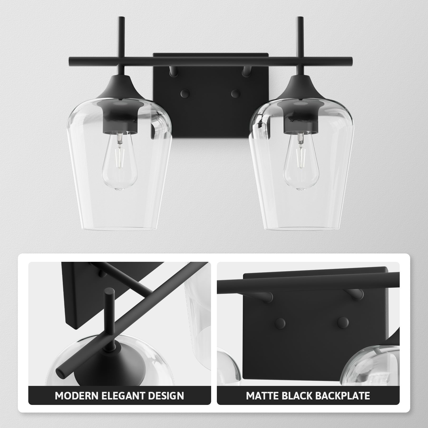 VONLUCE Modern Black Bathroom Vanity Light - 2 Light Fixture with Clear Glass for Mirror Lighting | Wall Sconce for Bathroom, Bedroom & Hallway | Perfect for Makeup Vanity, Dressing Room & Spa-Style Decor