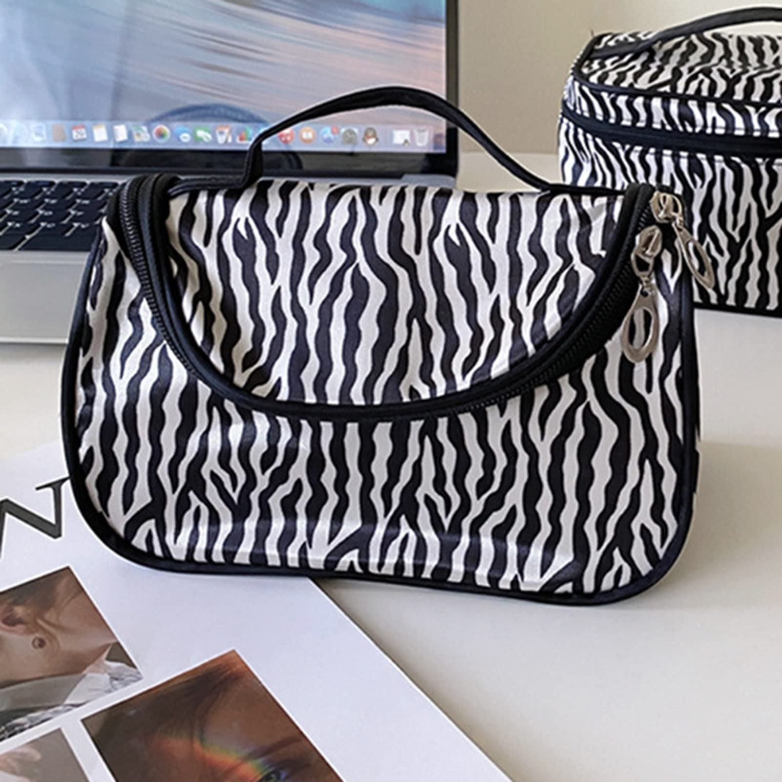Waterproof Zebra Print Cosmetic Bag for Women - Nylon Makeup Organizer with Jewelry Pouch, Travel Toiletry Bag for Girls, Perfect Gift for Makeup Brushes & Digital Accessories | Ideal for Travel, Gym & Daily Use