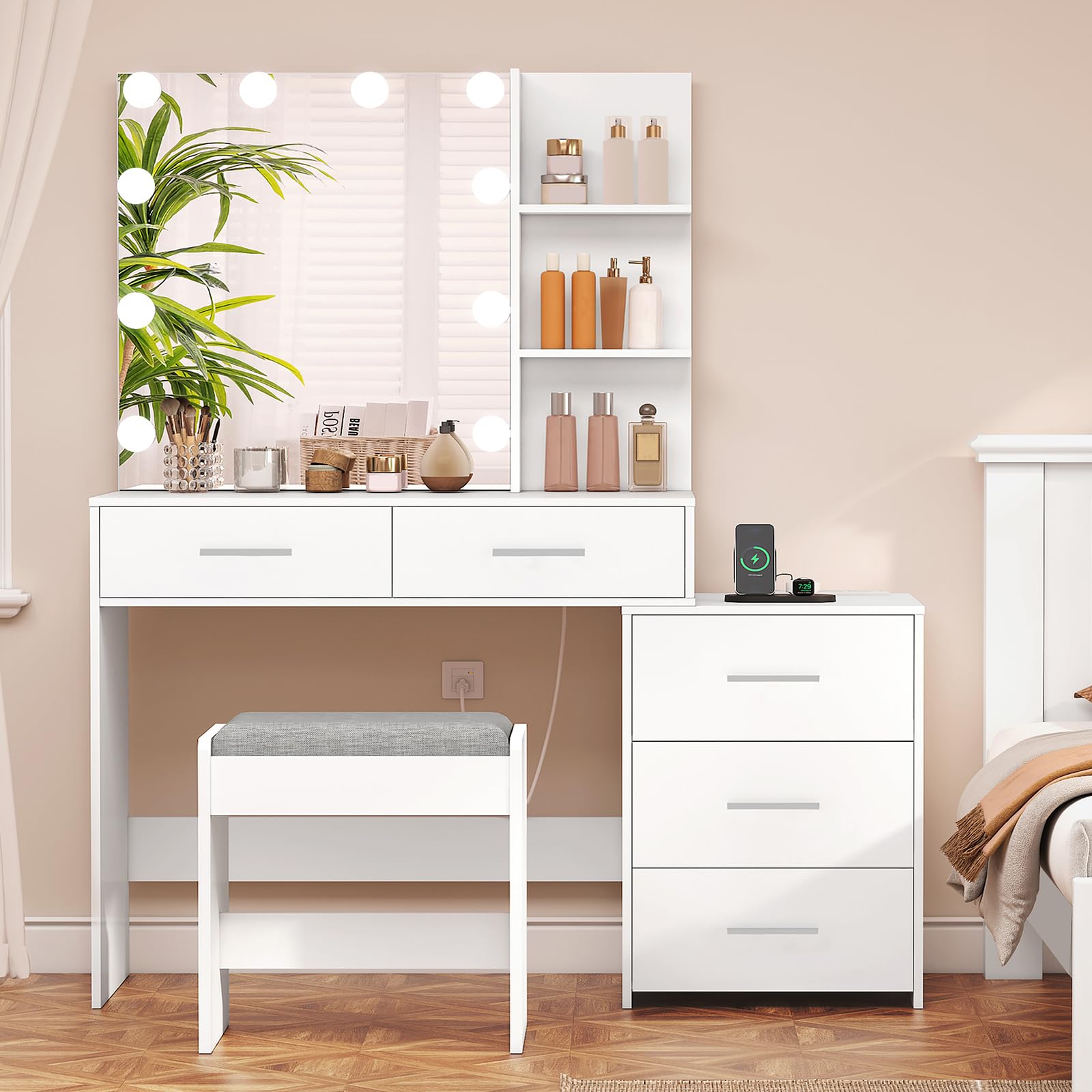 USIKEY Large Vanity Desk with Mirror & 10 LED Lights - Makeup Dressing Table with Power Strip, Storage Shelves & 5 Drawers - Vanity Set with Cushioned Stool for Women & Girls (White) - Perfect for Bedroom, Dorm Room & Beauty Salon Makeup Organization