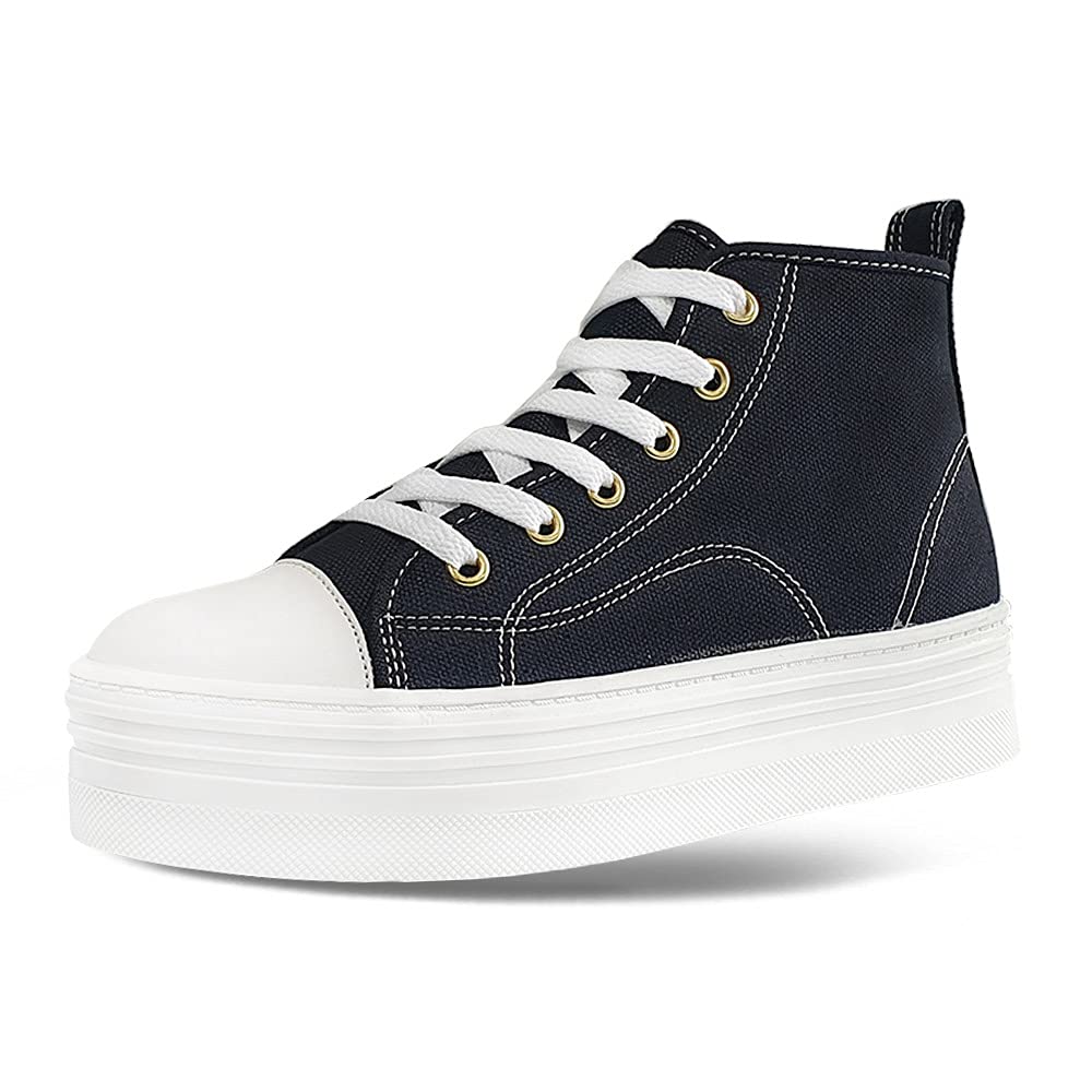 Women's Casual Mid Heel Canvas Sneakers - Comfortable Lace-Up Fashion Shoes for Everyday Wear (Black, Size 8) | Perfect for Walking, Office & Weekend Outfits