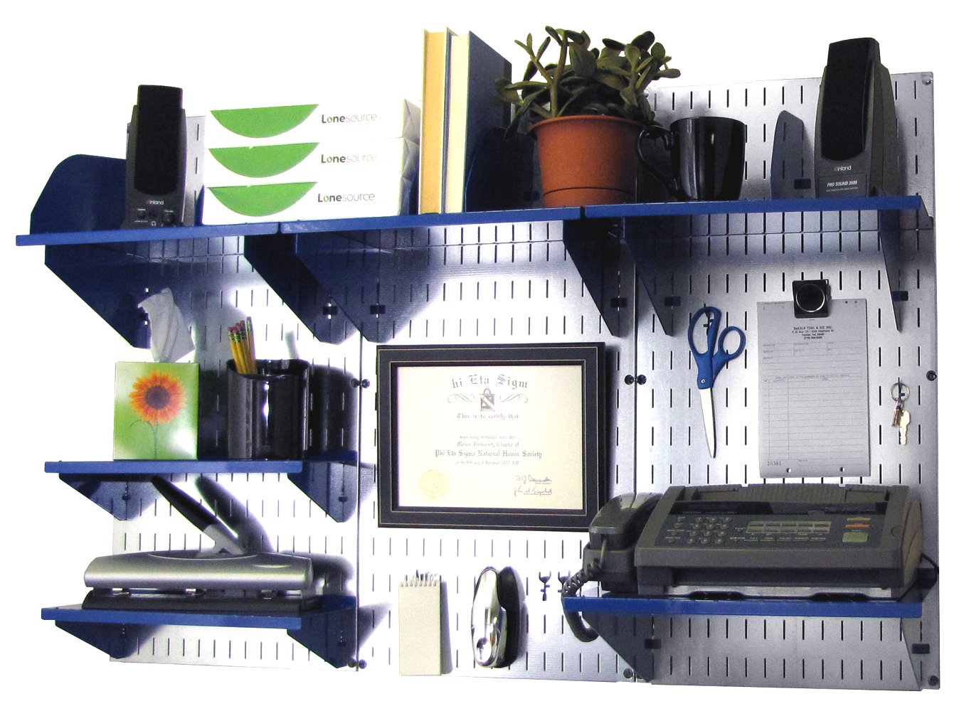 Wall Mounted Office Organizer - Metal Slotted Wall Panel with Blue Accessories for Desk Storage & Organization | Perfect for Home Office, Workspace & Garage Organization