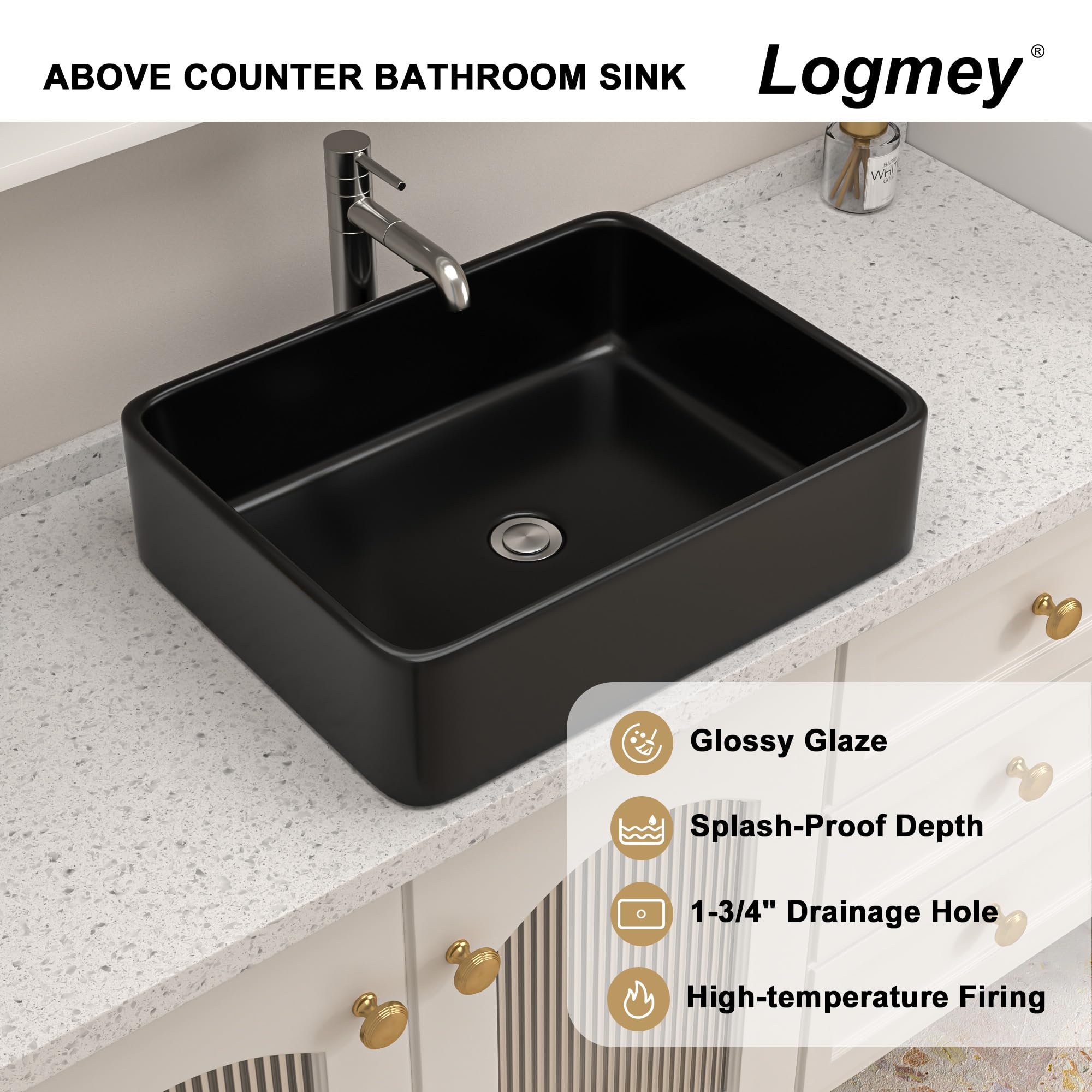 Logmey 19 Inch Black Porcelain Vessel Sink - Modern Rectangular Bathroom Vanity Sink 19x15 Inch, Above Counter Ceramic Art Basin for Contemporary Bathrooms | Perfect for Master Bath, Powder Room & Spa Retreats