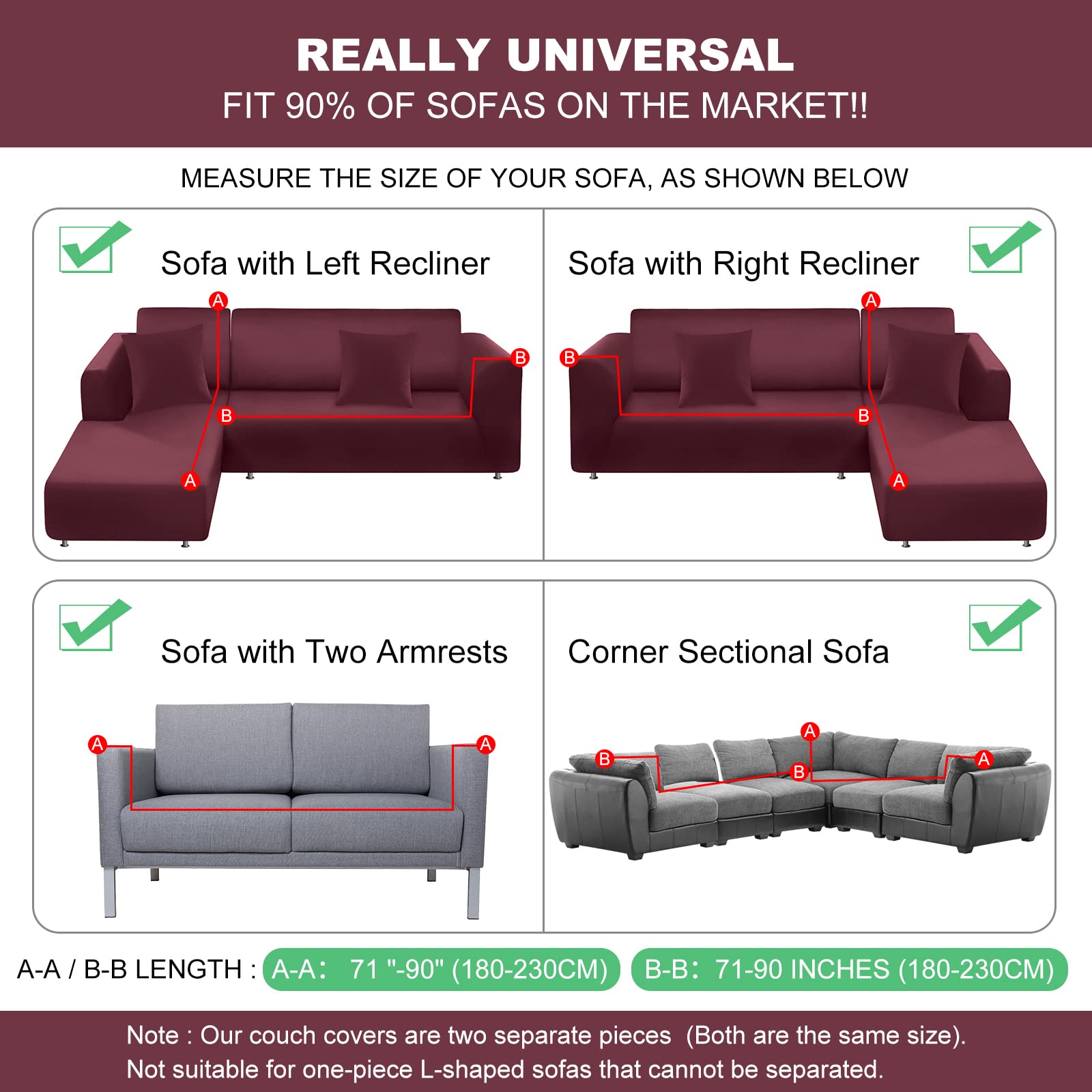 Stretchable L-Shaped Sectional Sofa Cover 2-Piece Set with Pillowcases - Soft Furniture Protector Slipcover for 3-Seater Couches (Burgundy) - Perfect for Living Room, Family Room & Home Theater Seating Protection
