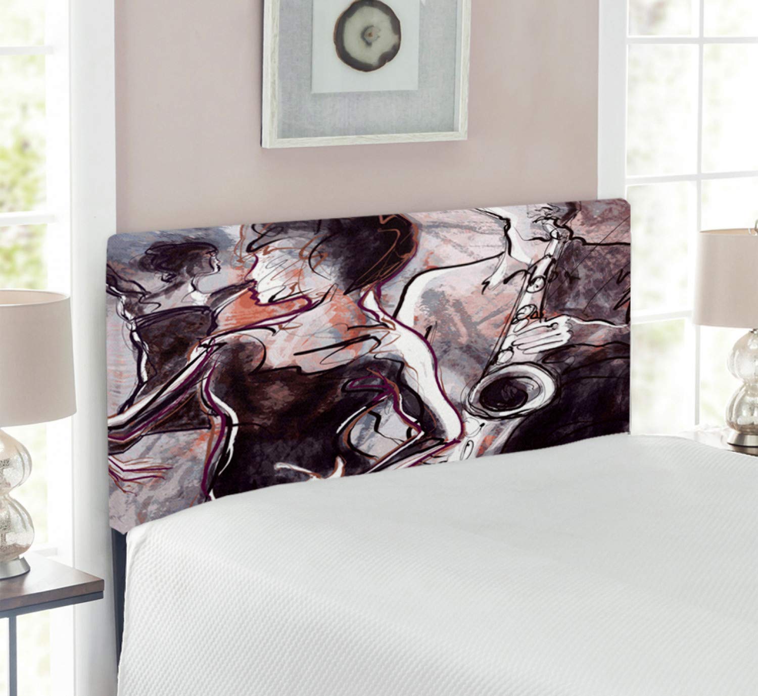 Ambesonne Jazz Saxophone Player & Dancers Upholstered Headboard - Twin Size Pink Black White Memory Foam Bed Headboard for Music Lovers & Jazz Enthusiasts - Perfect for Bedroom Decor, Jazz Themed Rooms & Music Studio Aesthetics