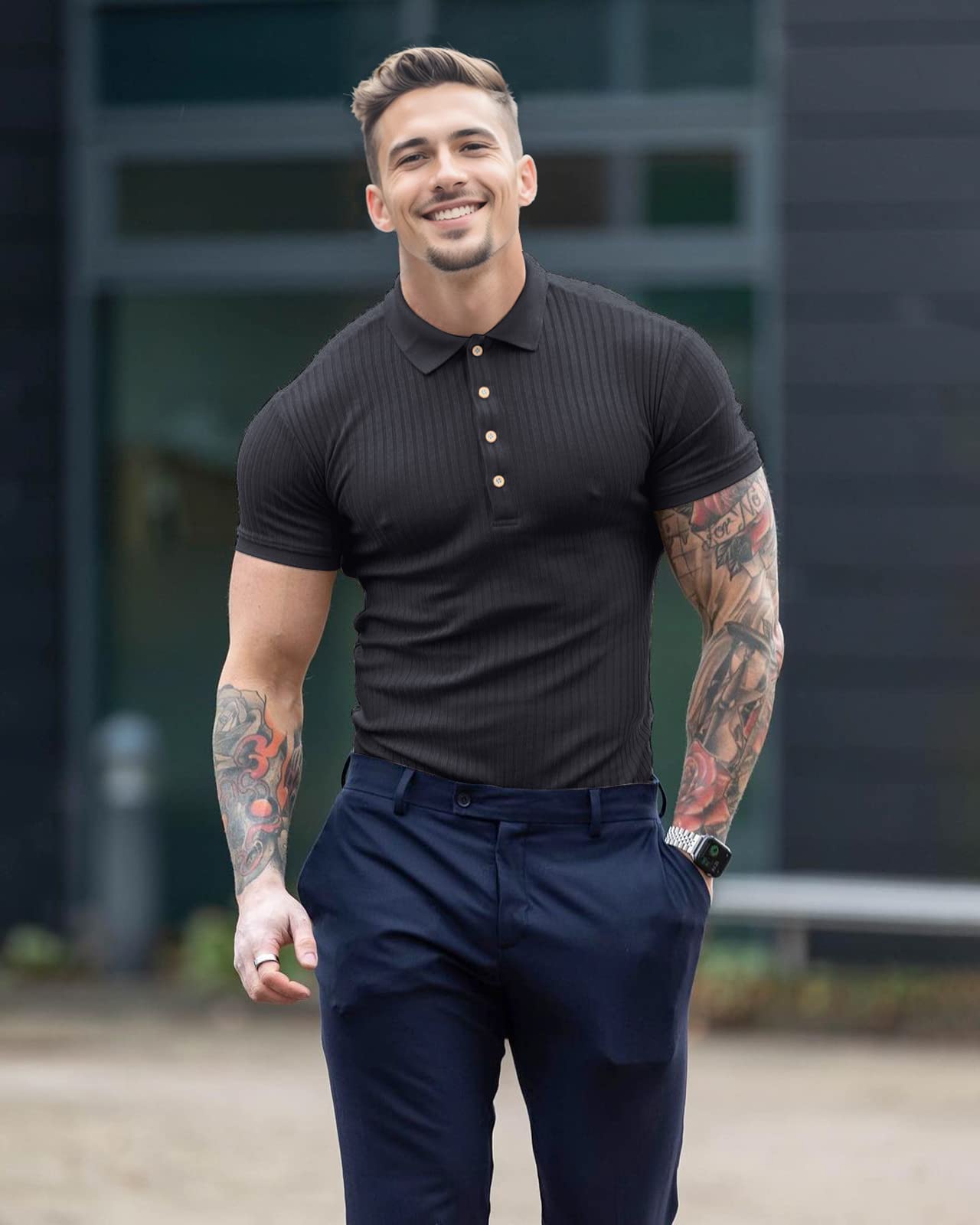 Men's Slim Fit Muscle Polo Shirts - Short Sleeve Ribbed Knit Golf & Bowling Shirts | Breathable Dry Fit Casual Tees for Sports & Outdoor Activities