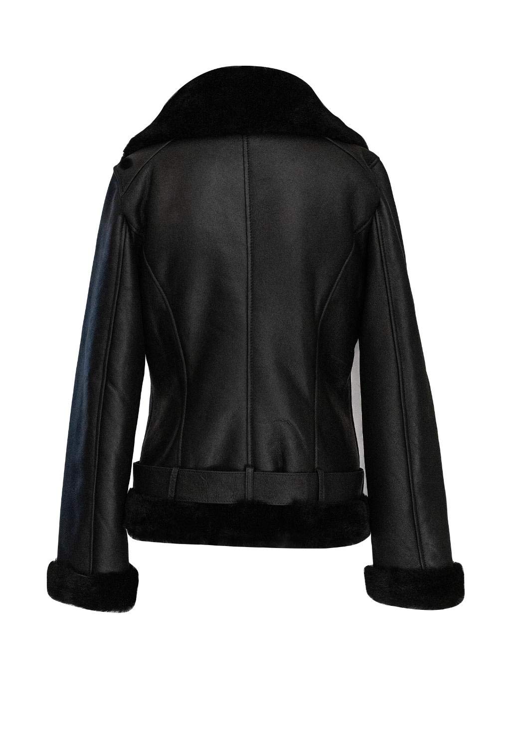 Women's Genuine Sheepskin Shearling Leather Bomber Jacket - 100% Natural Wool Fur Aviator Pilot Coat (Black with Fur) | Vintage WWII Style Winter Outerwear for Cold Weather & Fashion Statement