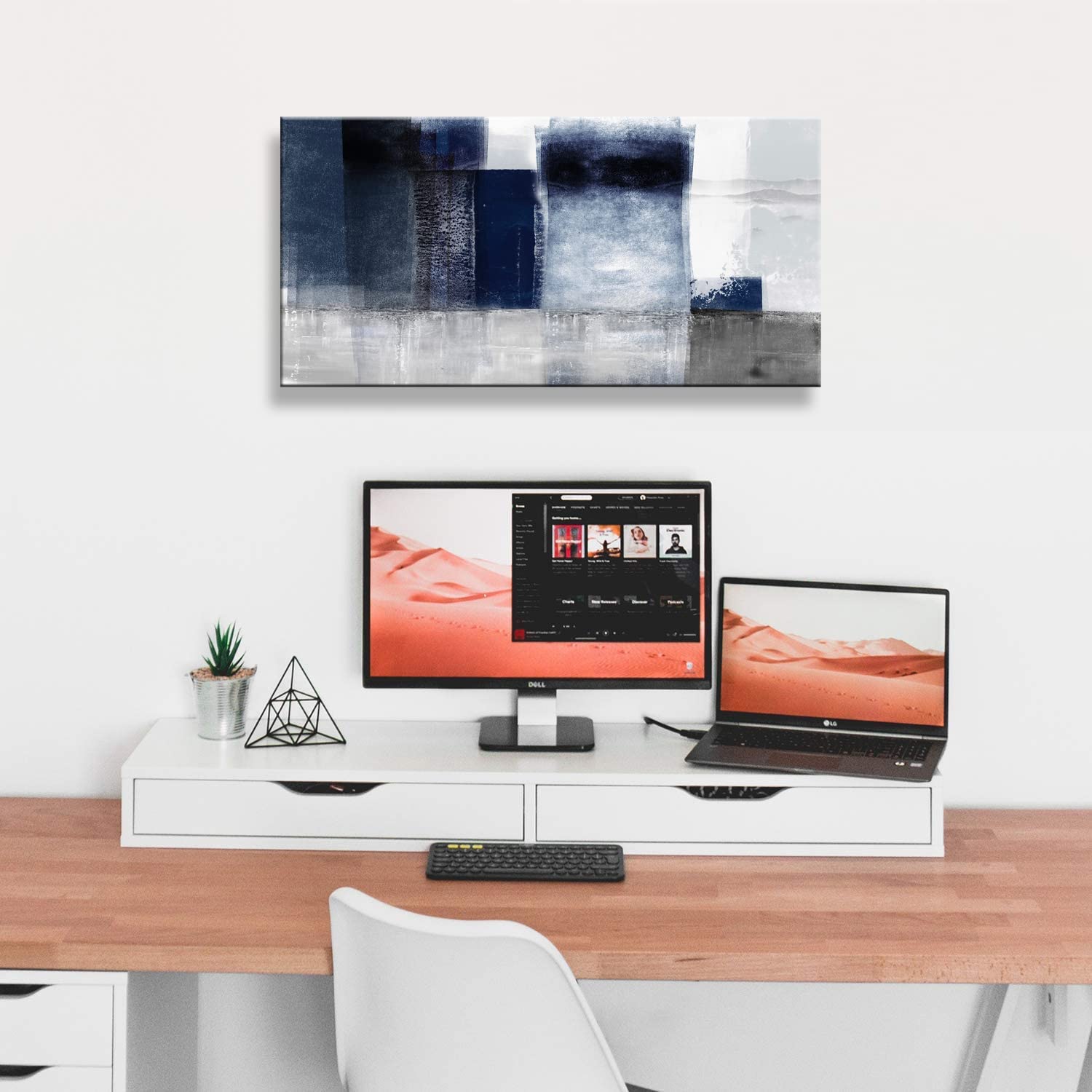 Blue and Gray Abstract Canvas Wall Art - 24x48 Inch Modern Artwork for Living Room, Bedroom, Office & Bathroom Decor | Handmade Canvas Prints for Home & Interior Design