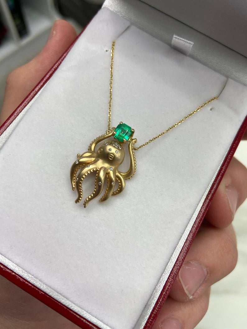 1.09tcw Natural Emerald & Diamond Octopus Necklace in 14K Gold - Elegant Sea-Themed Jewelry for Women, Perfect Gift for Birthdays, Anniversaries & Special Occasions