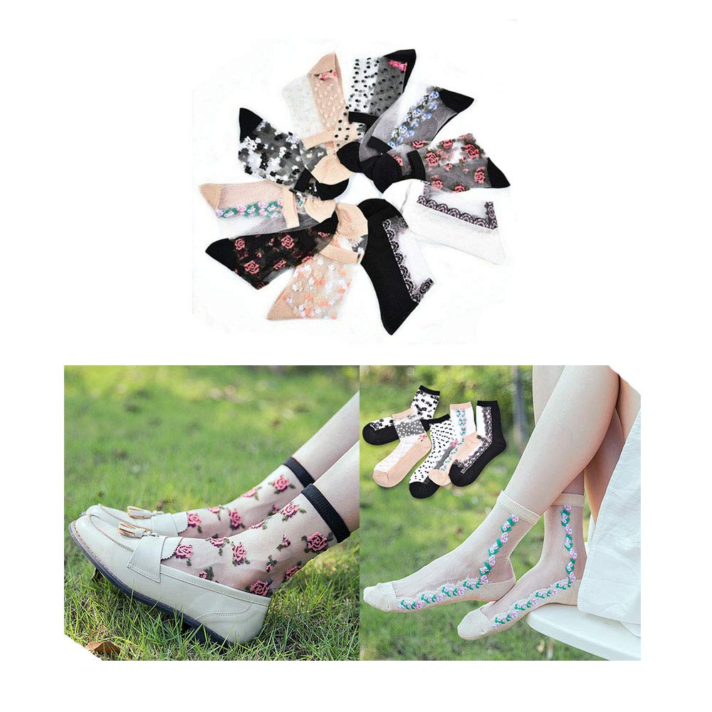 Acxico 10 Pairs Women's Floral Silk Socks - Breathable Thin Short Socks for Spring & Summer | Perfect for Weddings, Office Wear & Casual Outfits