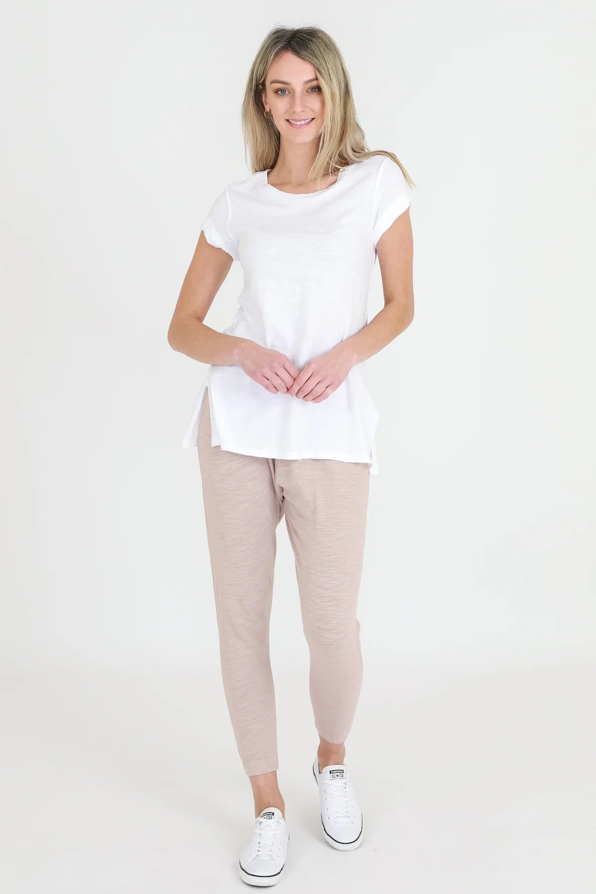 Kelly Rolled Sleeve Crew Neck T-Shirt - Soft Cotton Basic Tee for Women (White) | Casual Wear, Layering & Everyday Outfits