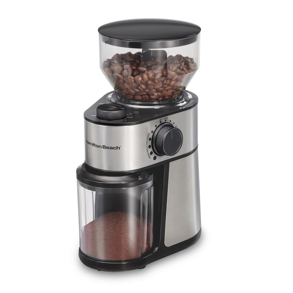 Hamilton Beach 12-Cup Stainless Steel Black Burr Coffee Grinder (Model 80385) - Perfect for Freshly Ground Coffee at Home, Office, or Cafe Use