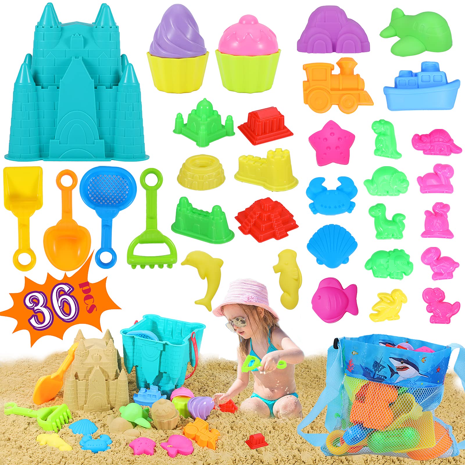 VISCOO 36pcs Sand Toys Set for Kids Ages 3-10 - Castle Molds, Mesh Bag, Bucket & Shovel Kit - Durable Beach Toys for Outdoor Sand Play, Summer Activities & Birthday Gifts - Perfect for Beach, Backyard & Sandbox Fun