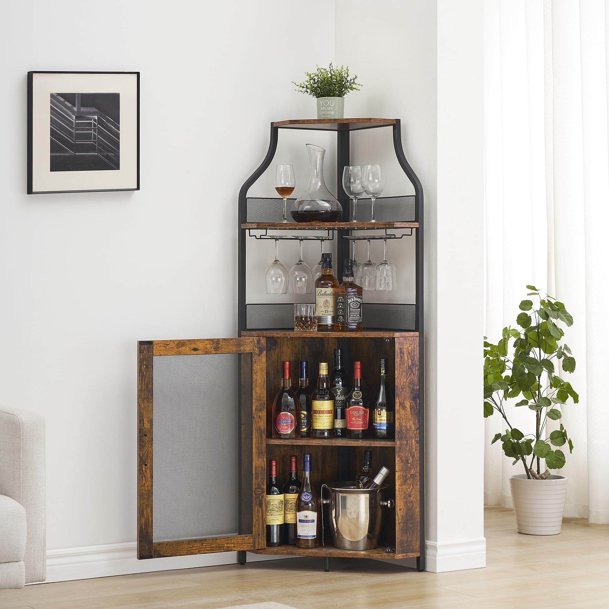 5-Tier Industrial Corner Wine Cabinet with Detachable Rack, Barn Door & Glass Holder - Rustic Brown Farmhouse Bar Cabinet for Dining Room, Kitchen or Home Bar Decor